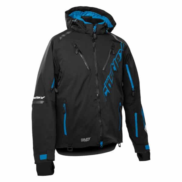 The Men's Pivot Jacket is black with blue accents and zippers, has multiple pockets, adjustable cuffs, a hood, and "Arctiva" printed diagonally in blue on the front.