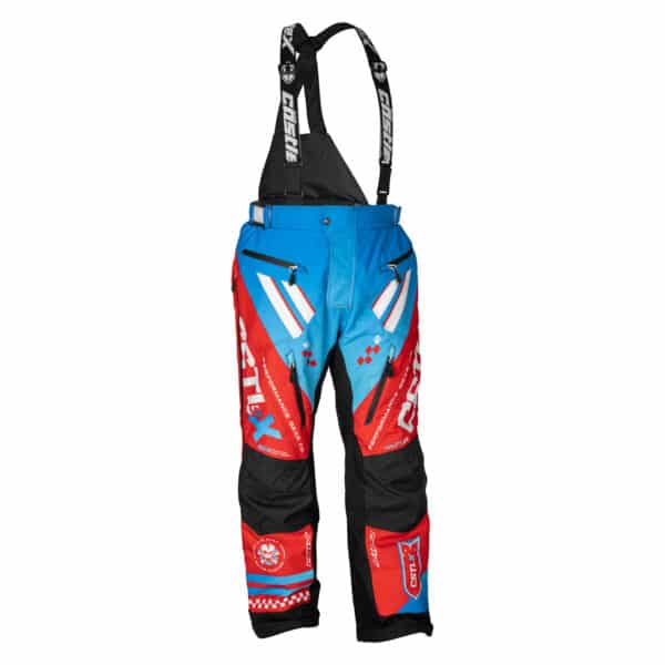 The Men's CX1 Pant features a bold blue, red, black, and white design with suspenders, multiple logos, zippered pockets, and reinforced knee pads. Displayed against a white background.