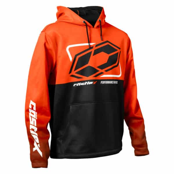 A red and black hooded sweatshirt with bold white geometric and text graphics on the chest and left sleeve, featuring a drawstring hood and a front pocket.