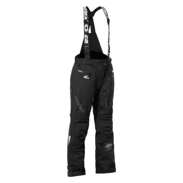 The Women's Flex Pant features black fabric with suspenders, multiple zippered pockets, reinforced knees, adjustable waist and shoulder straps, and subtle brand logos on the suspenders and upper thigh.