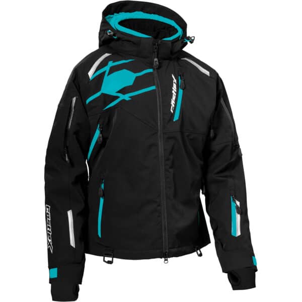The Women's Pivot Jacket is a black winter coat with turquoise and white accents, zippered pockets, adjustable cuffs, a hood, geometric front design, and "FXR" branding on the chest and sleeve.