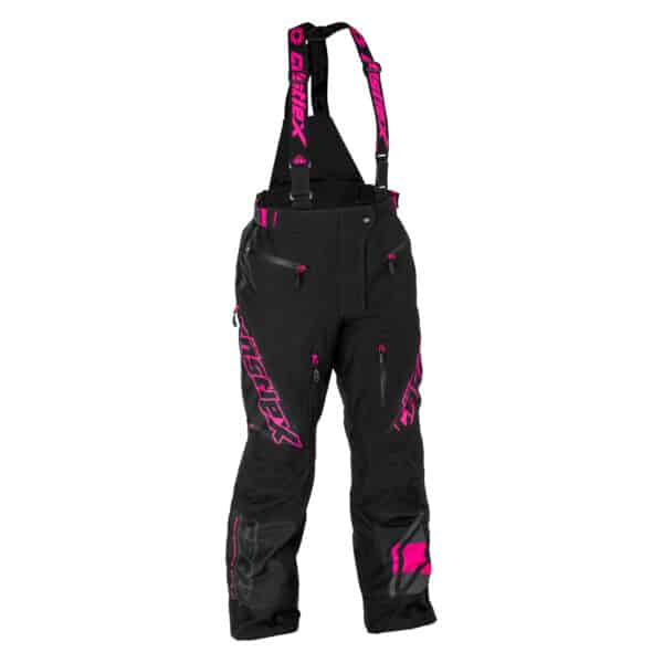 The Women's Vapor Pant features adjustable shoulder straps, multiple zippered pockets, reinforced knees, and pink logo accents on black fabric, shown against a white background.