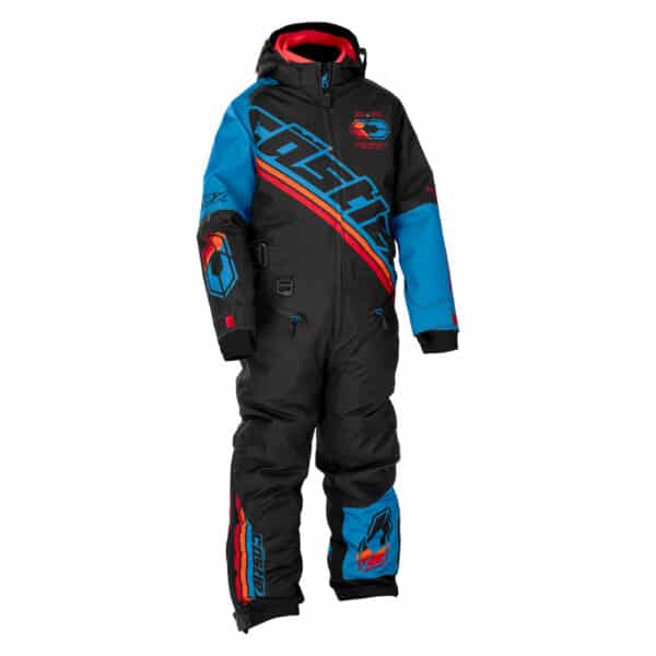 The Youth Fuze Monosuit is a black one-piece snowsuit with blue sleeves, red accents, bold graphics, "Castle" across the chest and leg, a hood, and multiple zippers for insulation and protection.