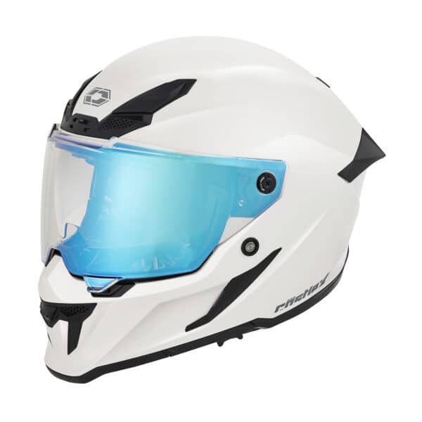 A white full-face motorcycle helmet with black accents and a reflective blue visor, shown in a side profile view against a white background.