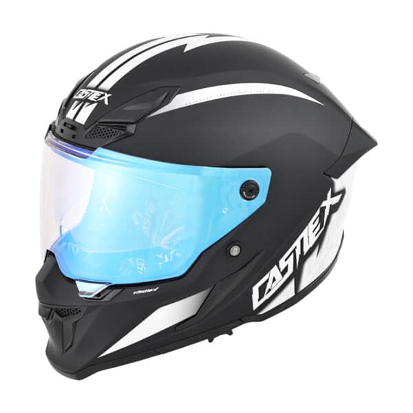 The CX510 Aura Motorcycle Helmet features a matte black finish with white accents, a blue-tinted visor, and bold "CASTEX" branding in white on the side.