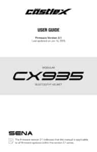 User guide cover for the Castlex CX935 modular Bluetooth helmet, firmware version 2.1, last updated January 16, 2025, with the Sena logo and a firmware version note at the bottom.