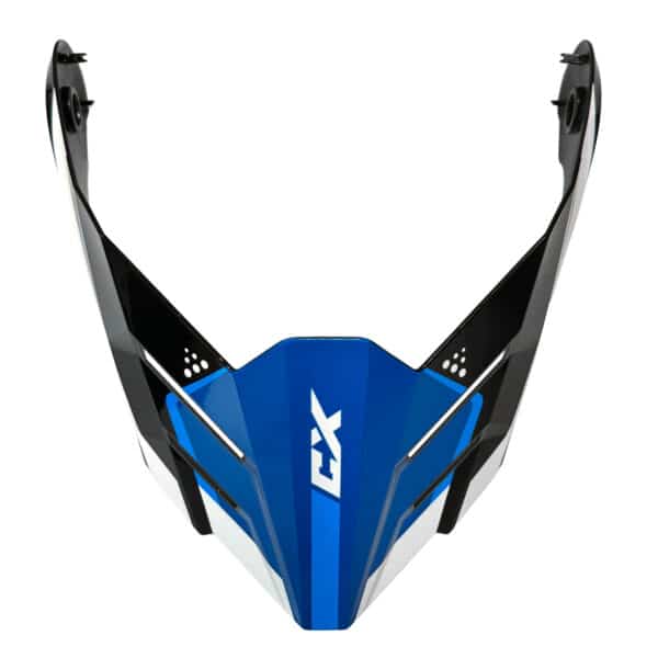 A blue and black angular plastic motorcycle visor with white accents and the letters "FX" in white at the center, viewed from above on a white background.