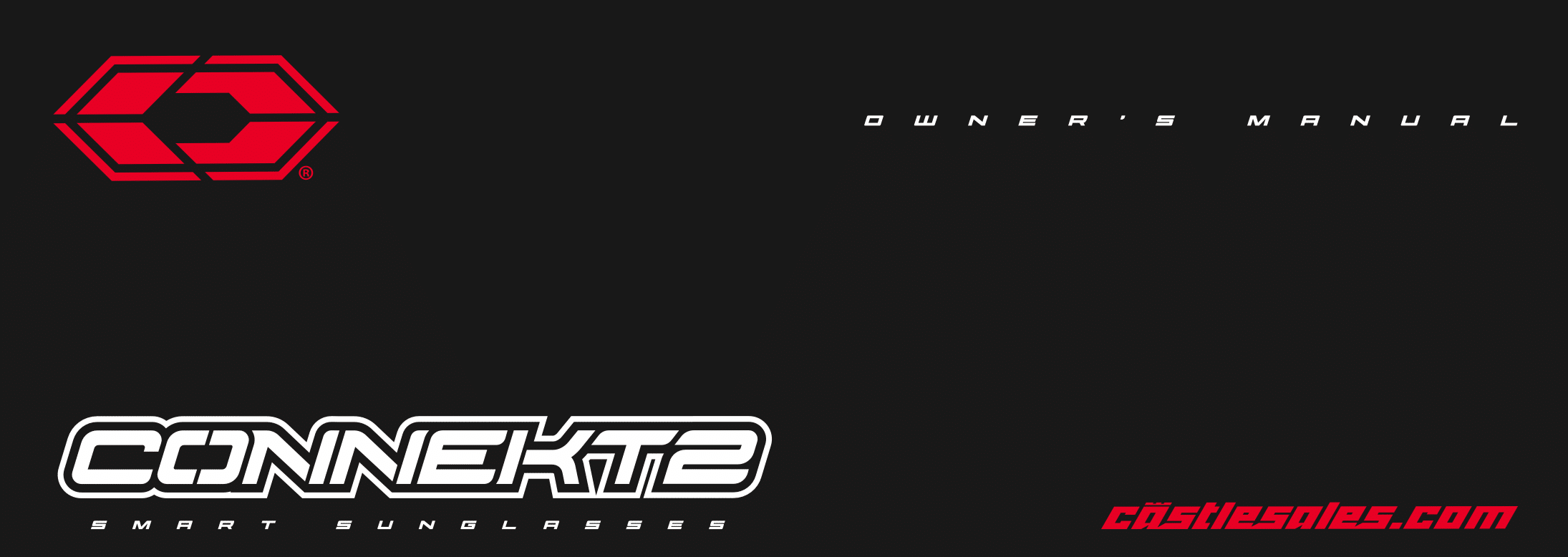 Black cover of an owner's manual for CONNEKT 2 smart sunglasses featuring the CONNEKT logo, white geometric icon, and website "castlesales.com" in bold text.