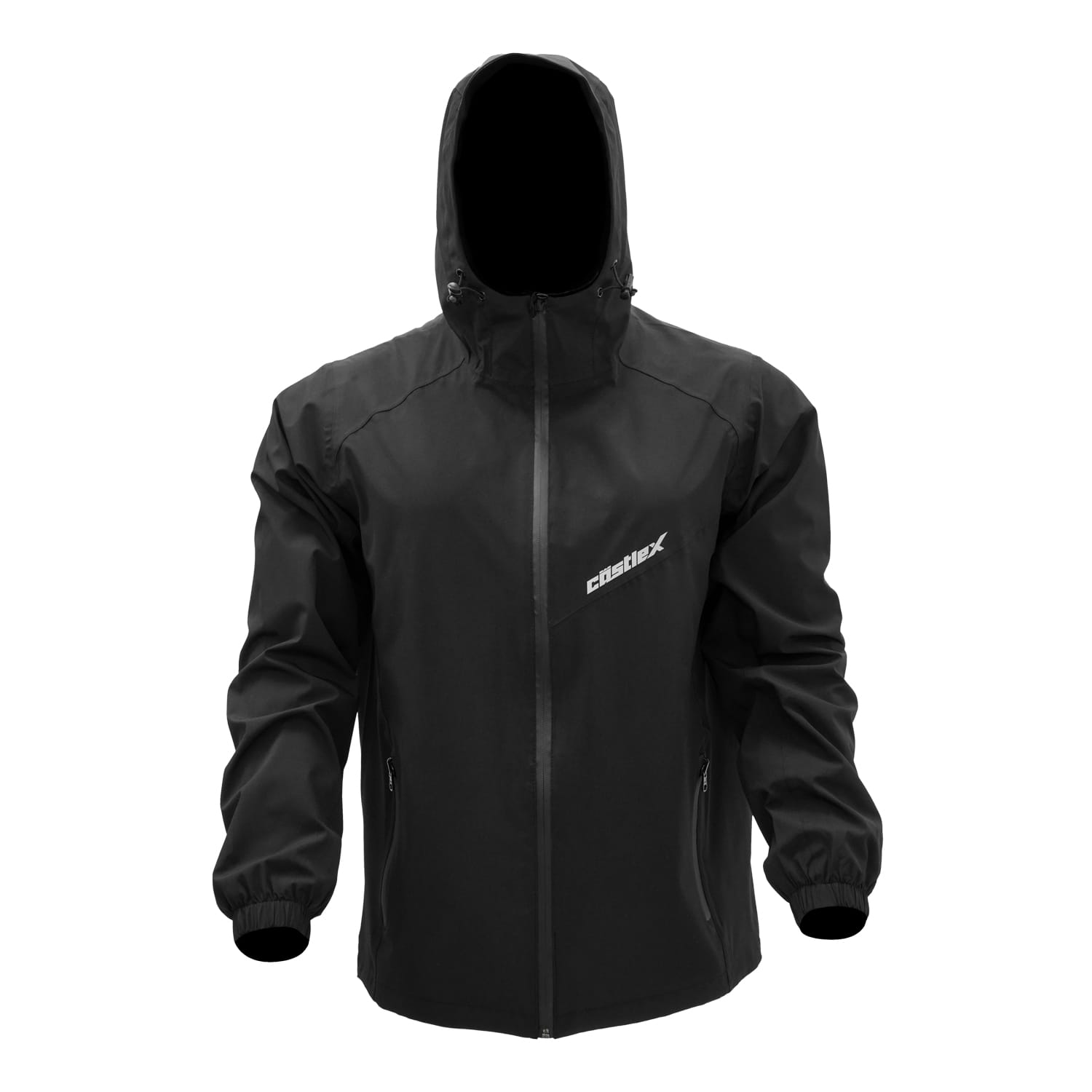 The Back 40 Packable Jacket, shown in black on a faceless mannequin against a white background, features a hood, front zipper, two side pockets, elastic cuffs, and a small white logo on the left chest.