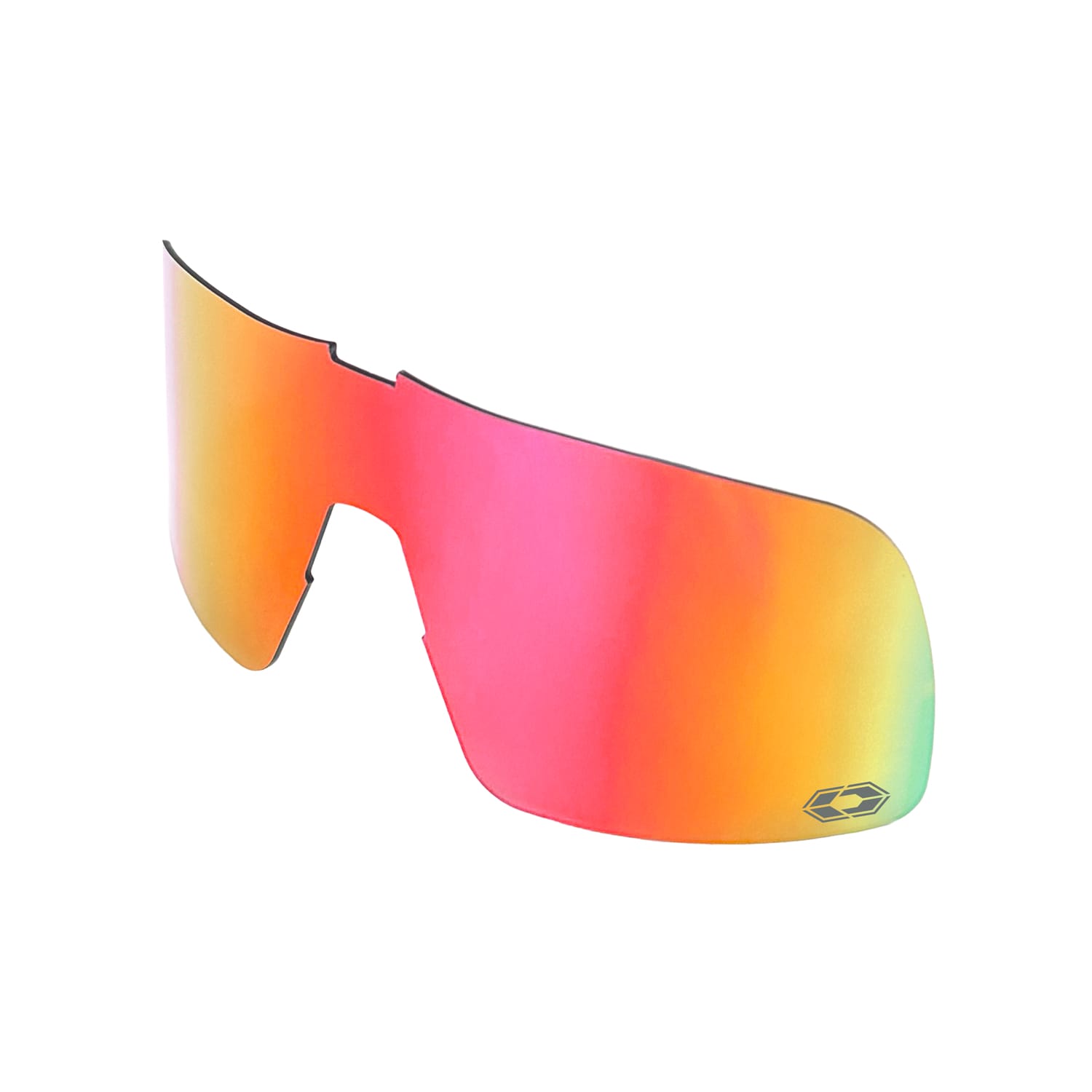 The CX19 Replacement Lenses feature a single-piece, curved visor-style design with a reflective gradient in orange, pink, and yellow shades and a small logo in the bottom corner, displayed on a white background.