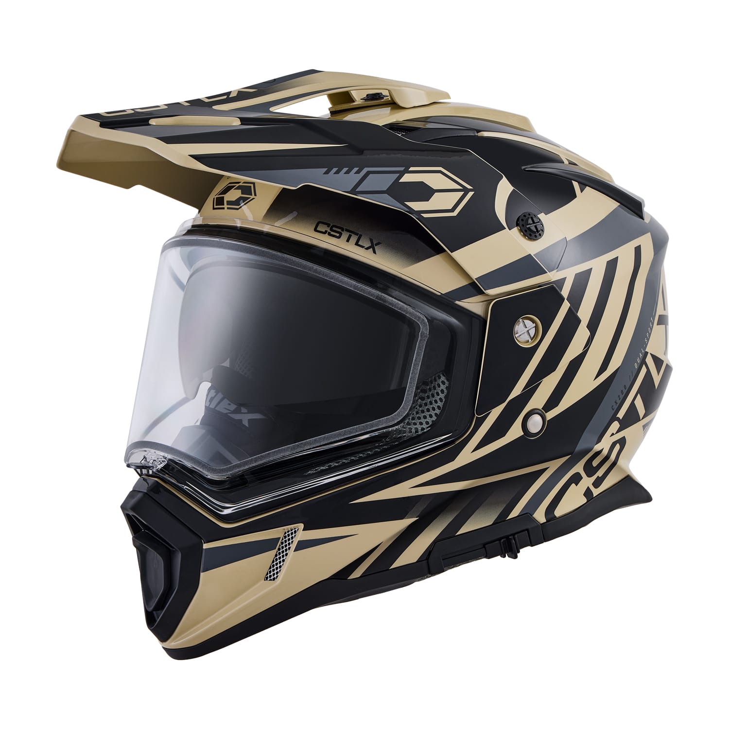 The CX200 Void Dual-Sport Helmet features a black and gold color scheme, clear visor, aggressive angular design, and bold graphics, showcased from a side angle against a white background.