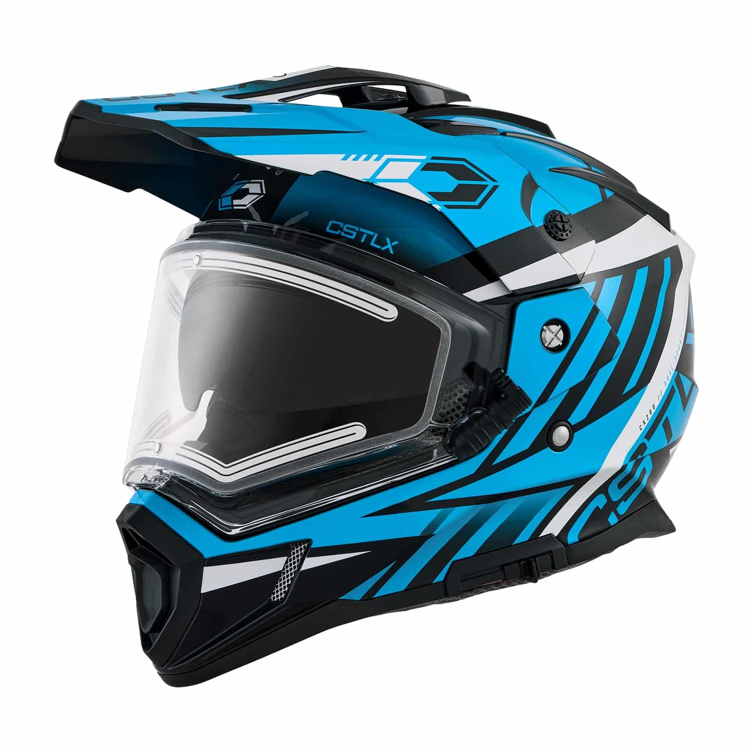 The CX200 Trek Electric Dual-Sport Helmet features bold blue, black, and white angular graphics, a visor, clear face shield, and "CSTLX" text on the side.