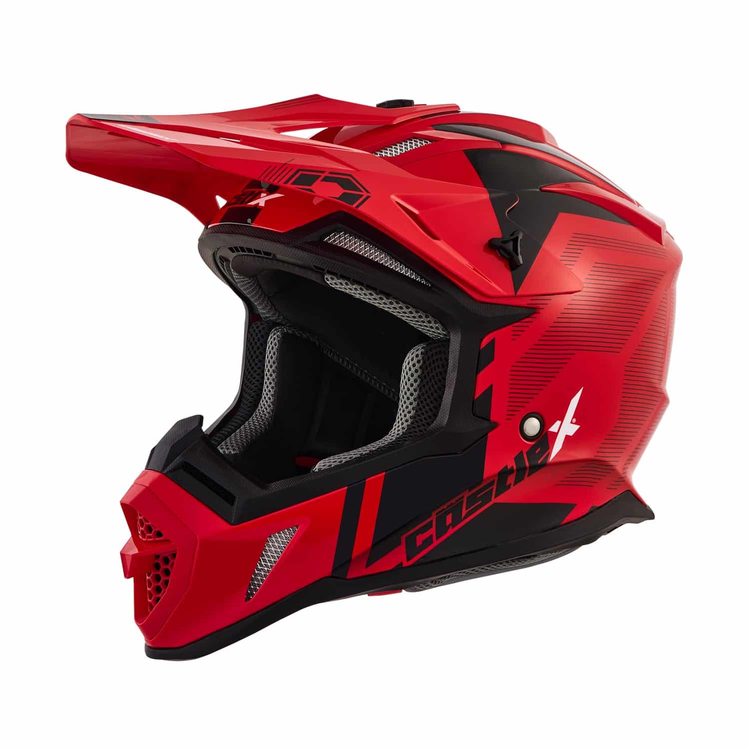 The CX200 ONYX MX HELMET is a red and black motocross helmet featuring a sleek, angular design, extended visor, and side ventilation openings.