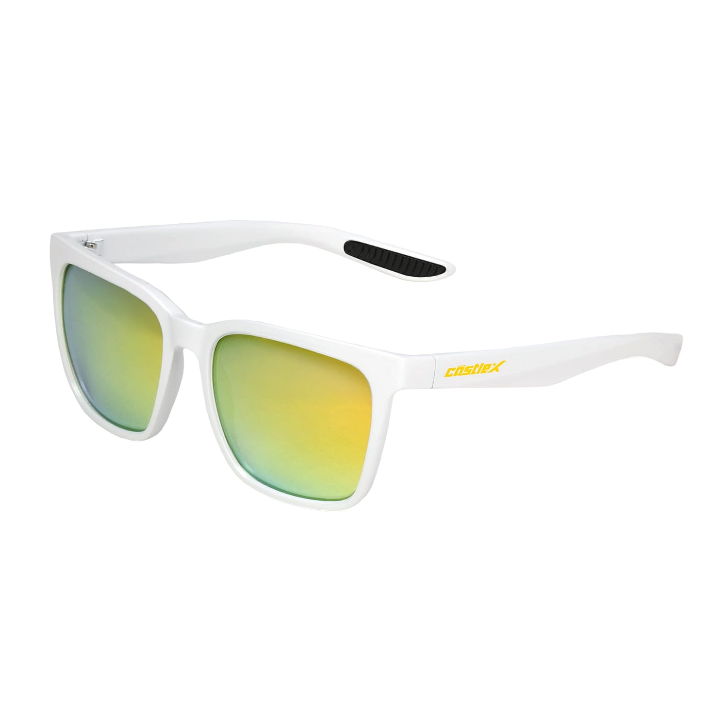 The CX19 Polarized Sunglasses feature a white frame, yellow-green mirrored lenses, "disflex" in yellow on the left arm, and black padding on the inner temple tip.