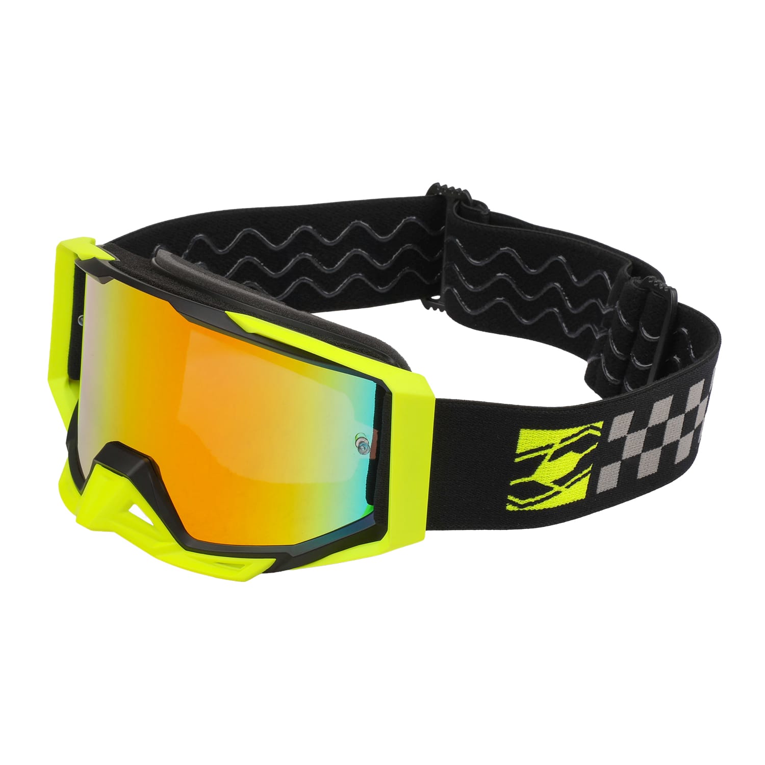 Echo Youth Moto Goggles: neon yellow and black frame, reflective orange-tinted lens, adjustable black strap with checkered pattern and logo.