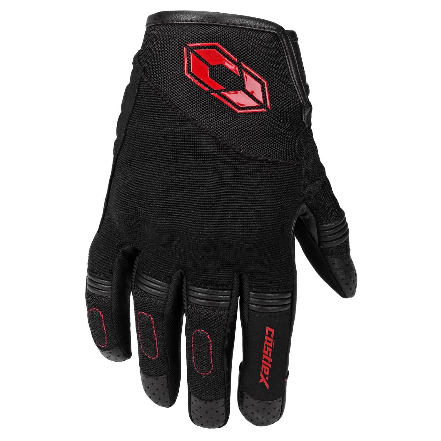The Men's RPM Glove is a black work glove with red stitching and a red geometric logo on the back. It features reinforced fingers, textured grips on the fingertips, and "COSTEX" in red on the index finger.