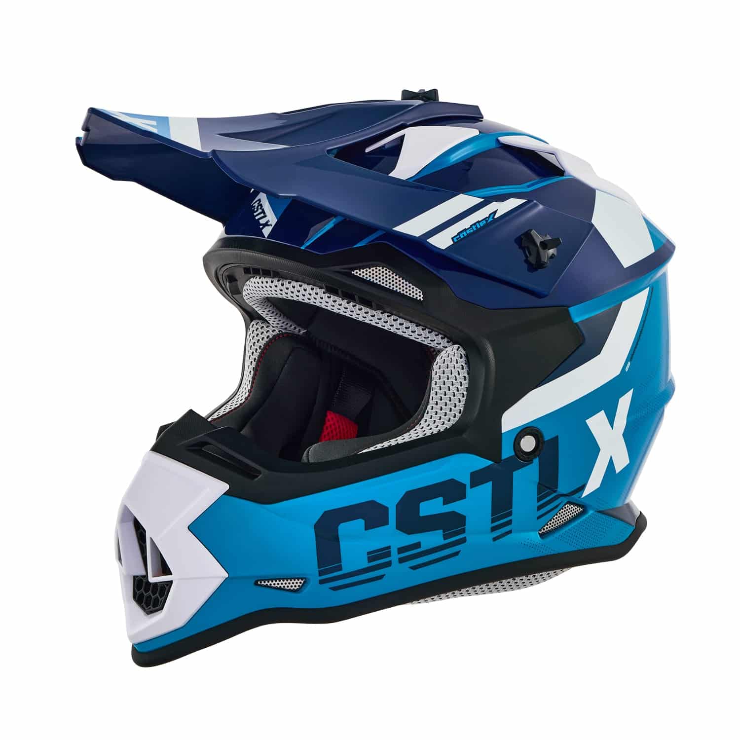 The Youth Mode MX Torque Helmet features a modern, aerodynamic design in blue, white, and black with large visor, ventilation openings, and "CSTL X" lettering on the side.