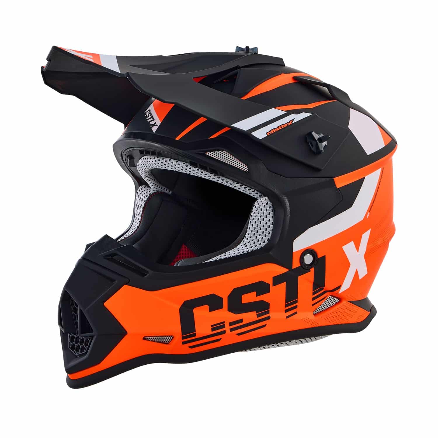 A side view of the Youth Mode MX Torque Helmet, featuring an orange, black, and white design with "CST X" in bold on the side, aerodynamic shape, and a front visor.