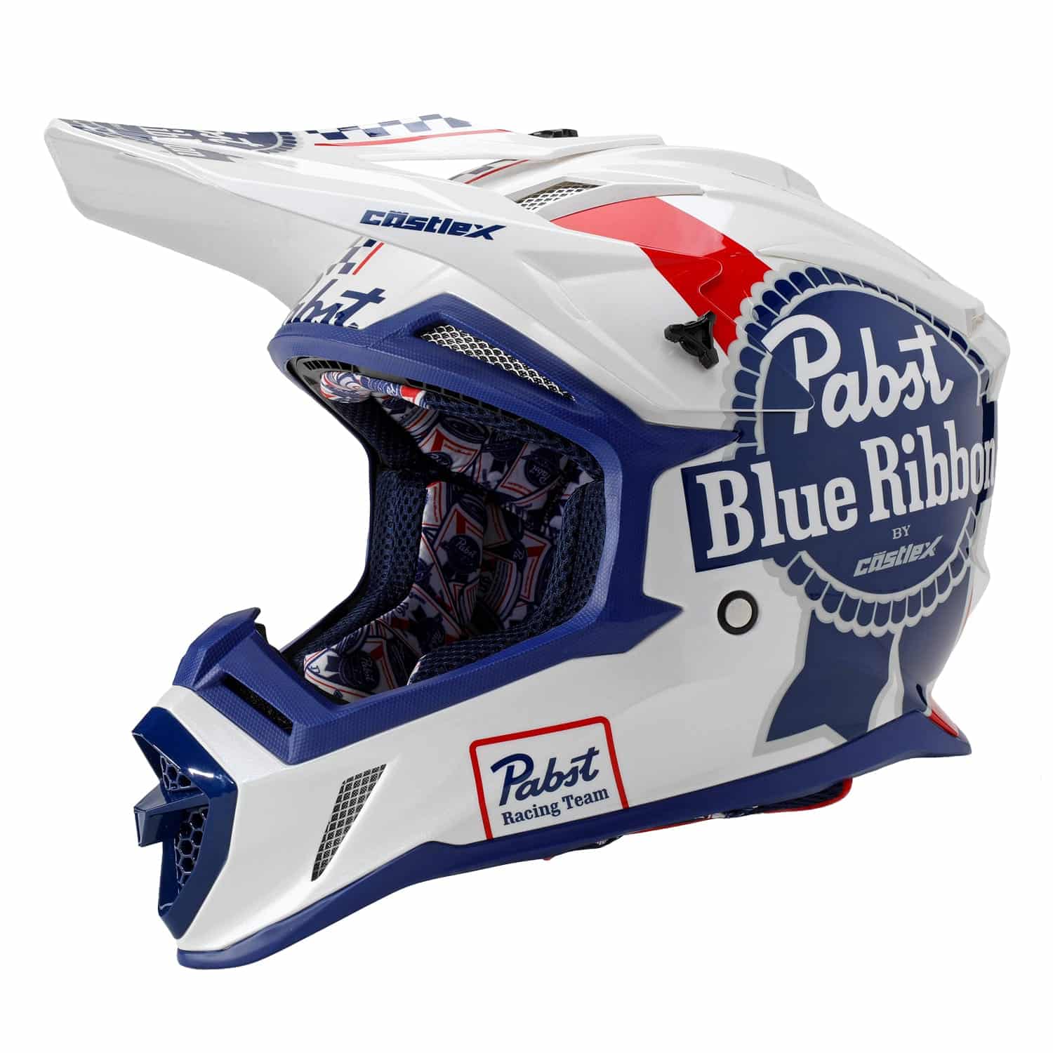The Pabst Blue Ribbon CX200 MX Helmet is a white motocross helmet with blue and red accents, featuring a large ribbon graphic, "Pabst Blue Ribbon" logos, and "Pabst Racing Team" text on the chin guard.