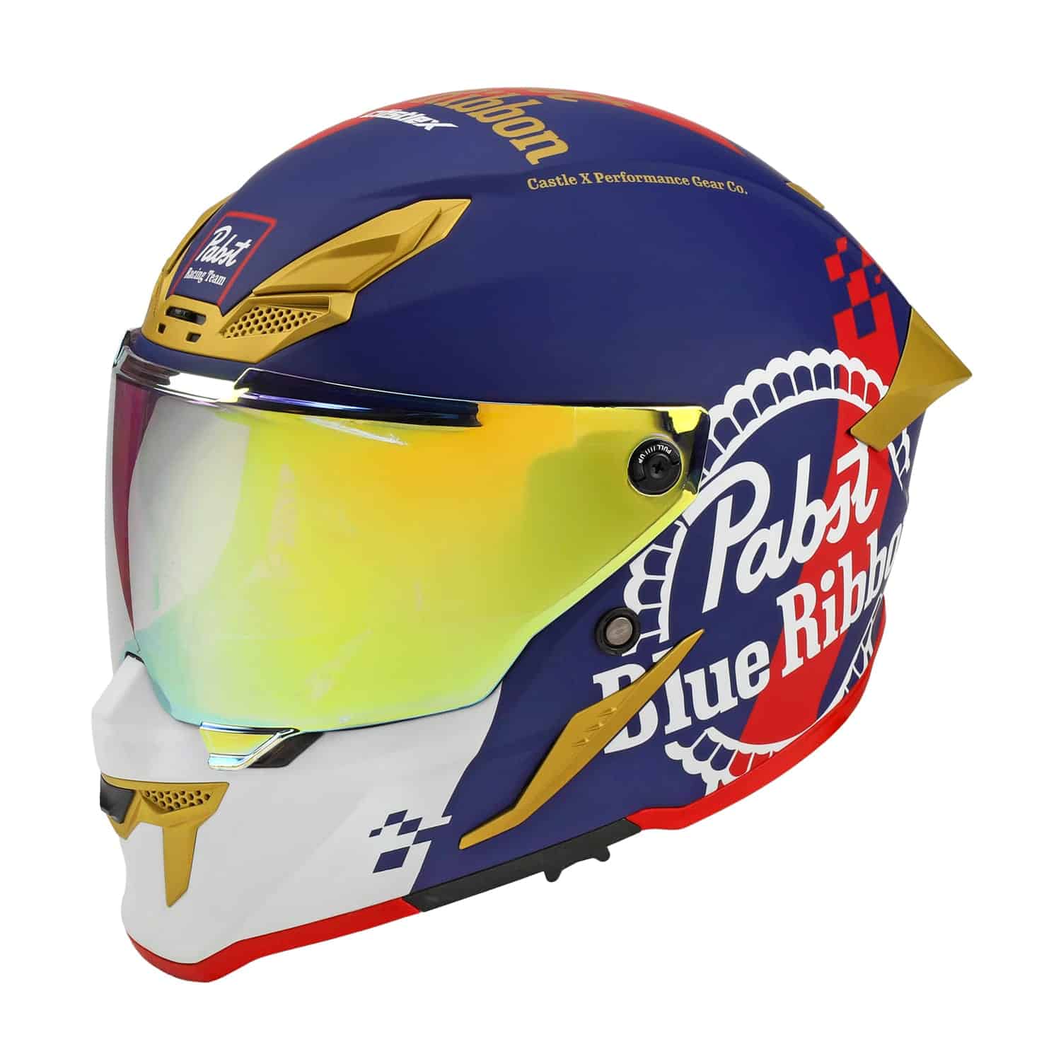 The Pabst Blue Ribbon CX510 Motorcycle Helmet features a blue, red, and white design with gold and yellow accents, a reflective visor, and prominent "Pabst Blue Ribbon" branding on the side.