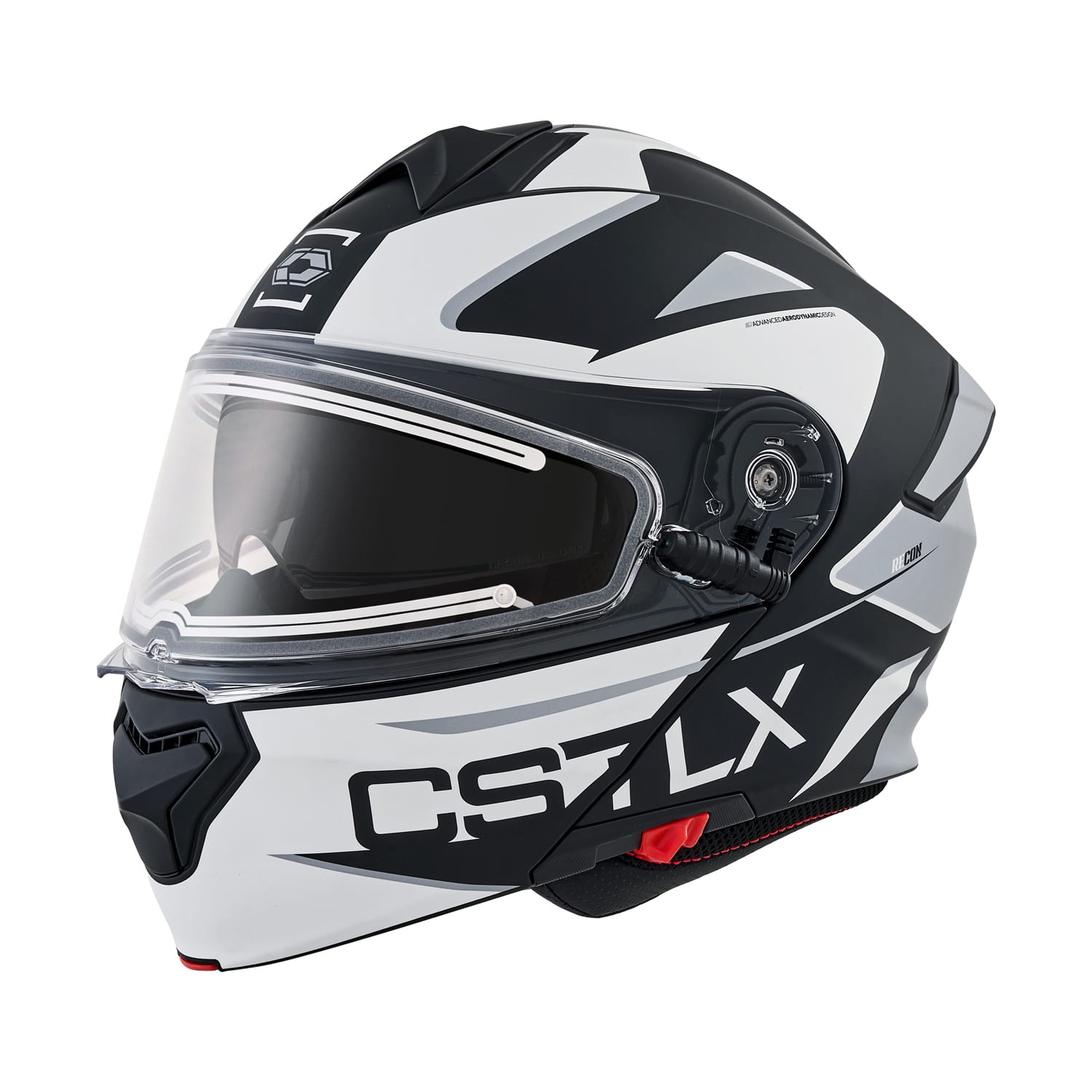 The CX935 Recon Electric Modular Helmet is a white and black full-face helmet with angular graphics, a clear visor, bold "CS-15X" text on the side, integrated Bluetooth system, and chin vent.