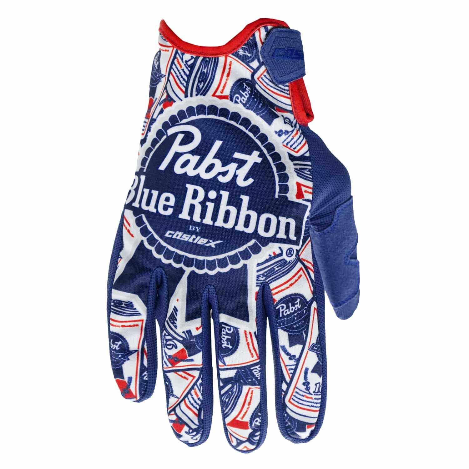The Pabst Blue Ribbon MX01 Glove is a blue, red, and white glove with the Pabst Blue Ribbon beer logo, can graphics, and the brand name displayed across the back of the hand.