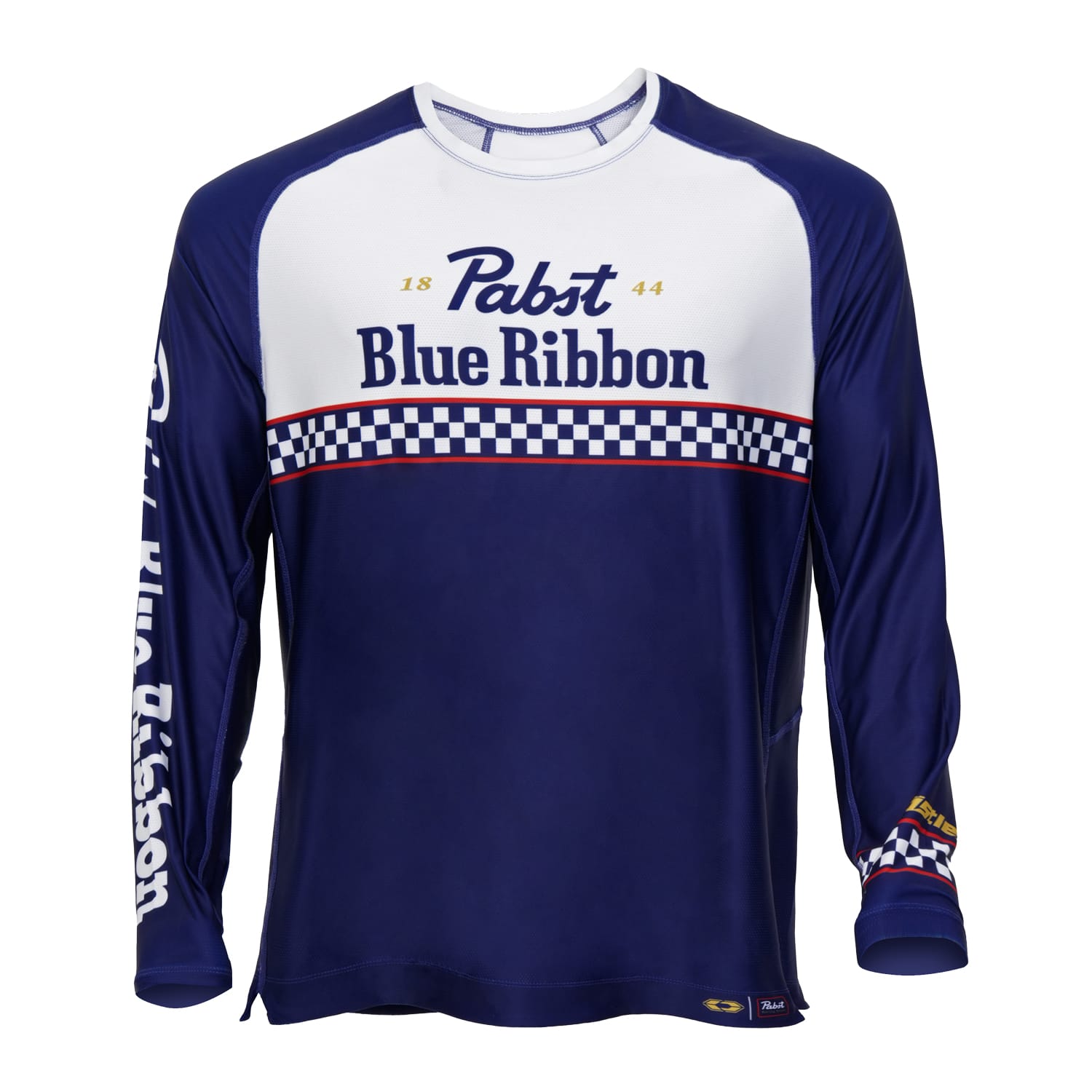 The Pabst Blue Ribbon Stellar UPF50 Crew is a long-sleeve blue and white jersey with "Pabst Blue Ribbon" and "1844" on the front, checkered patterns, and branded sleeves.