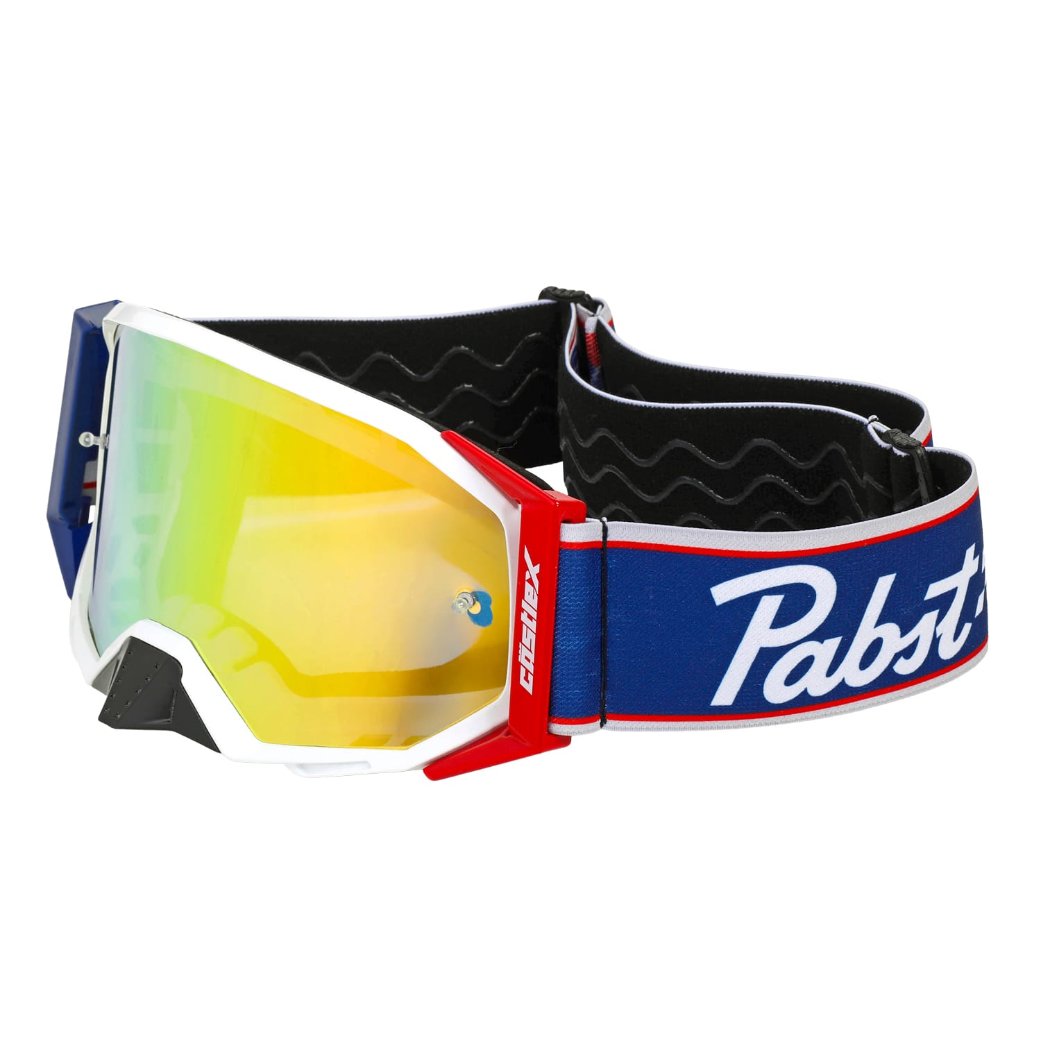 The Pabst Blue Ribbon Stage II OTG Moto Goggle features a reflective yellow lens, white frame, and a blue and red adjustable strap with "Pabst" in white script.