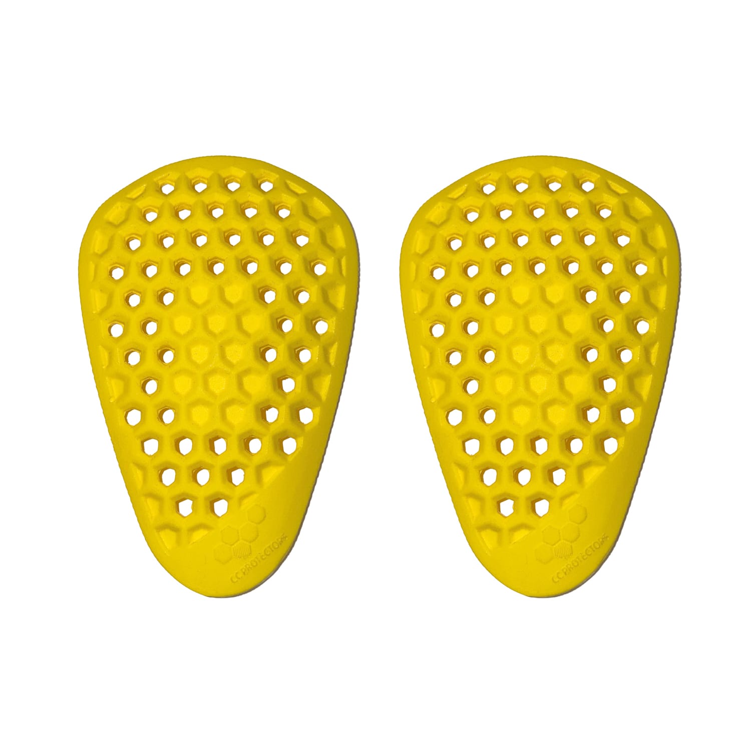 The Replacement Rush Jacket CE Body Armor Hip Pad Set features two yellow pads with a honeycomb pattern and rounded edges, shown side by side on a white background.
