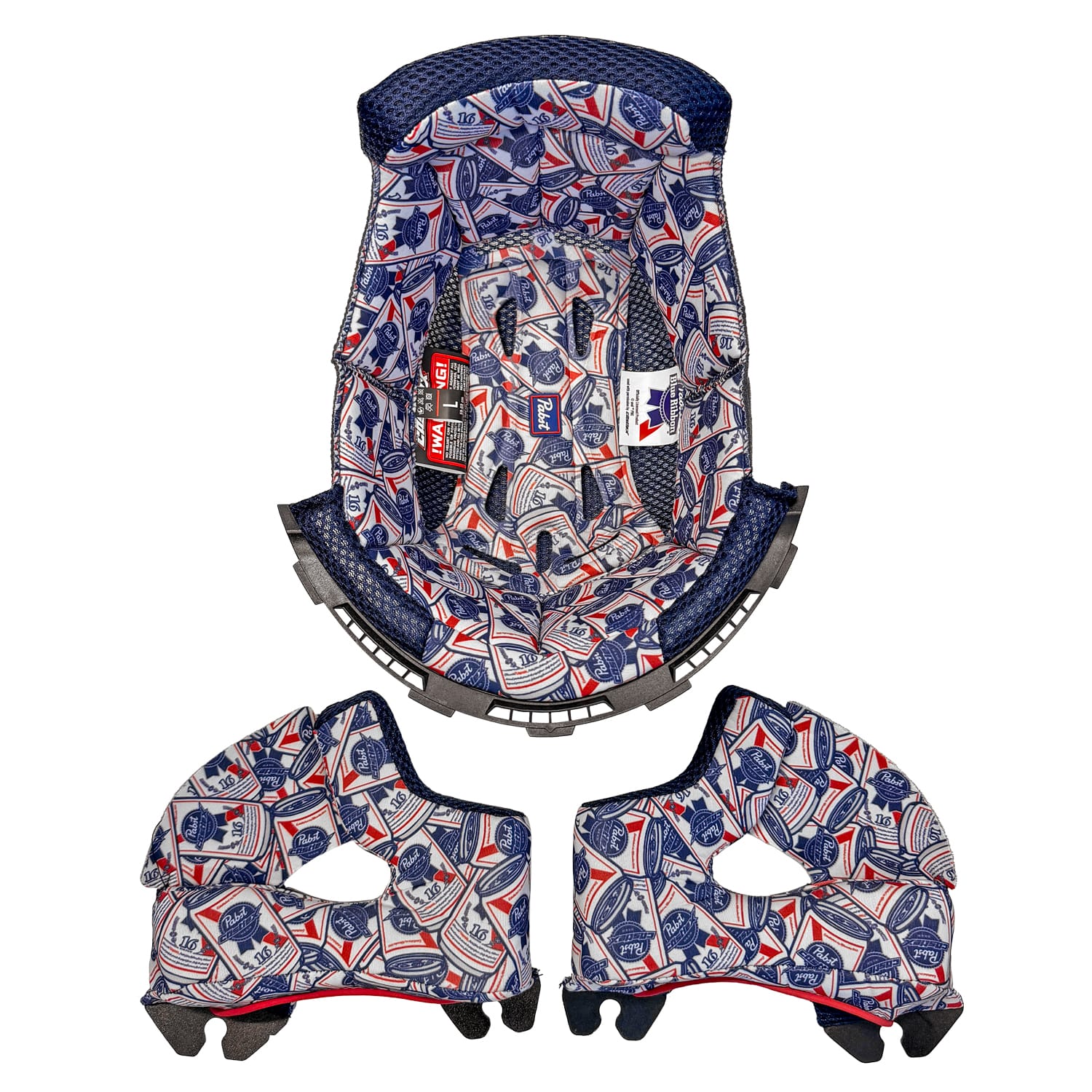 Top view of the Pabst Blue Ribbon CX200 MX Cheek Pads and Liner Set, with padding pieces laid out flat. Features a blue, red, and white geometric pattern with small American flags and stars printed throughout.
