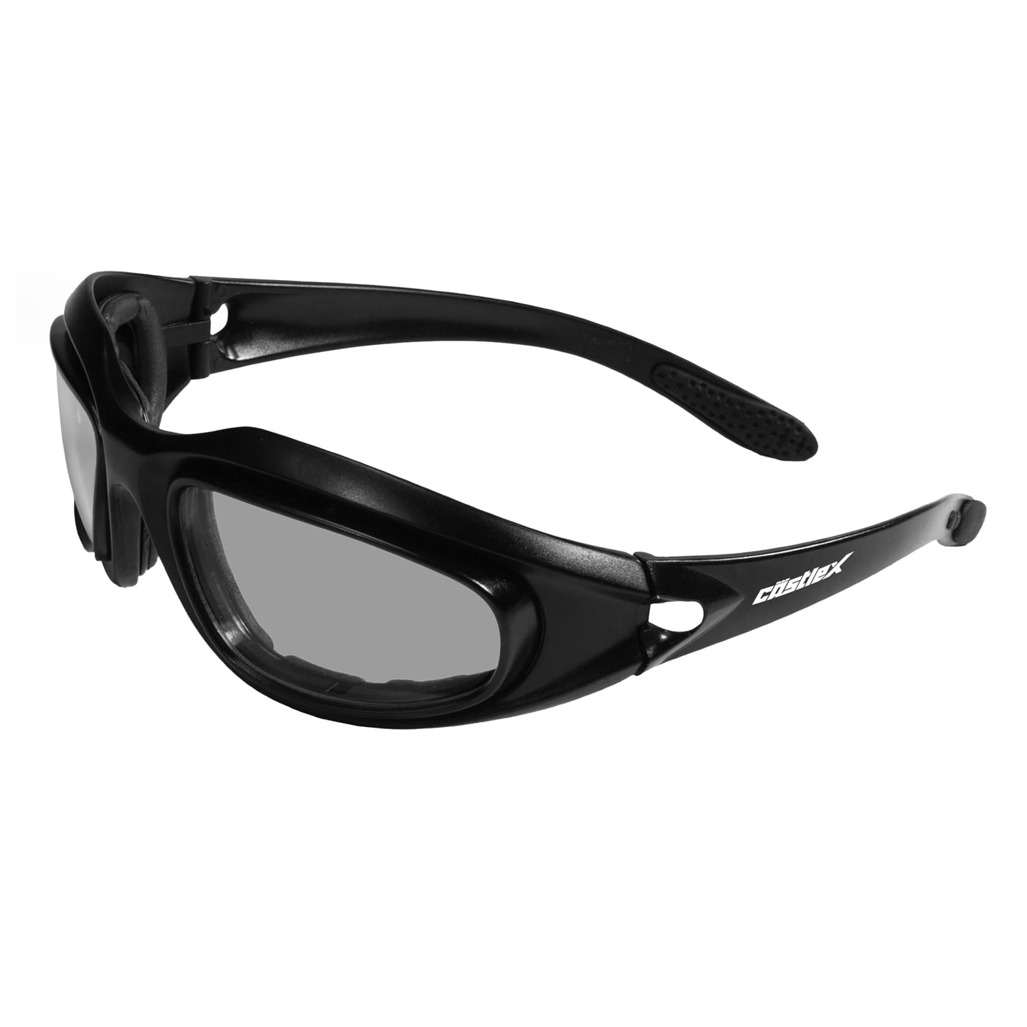The Adult Premium Riding Glasses Kit includes black wraparound glasses with clear lenses, side protection, thick frames, "CASQUEX" logo on the temples, and textured arm ends for a secure fit.