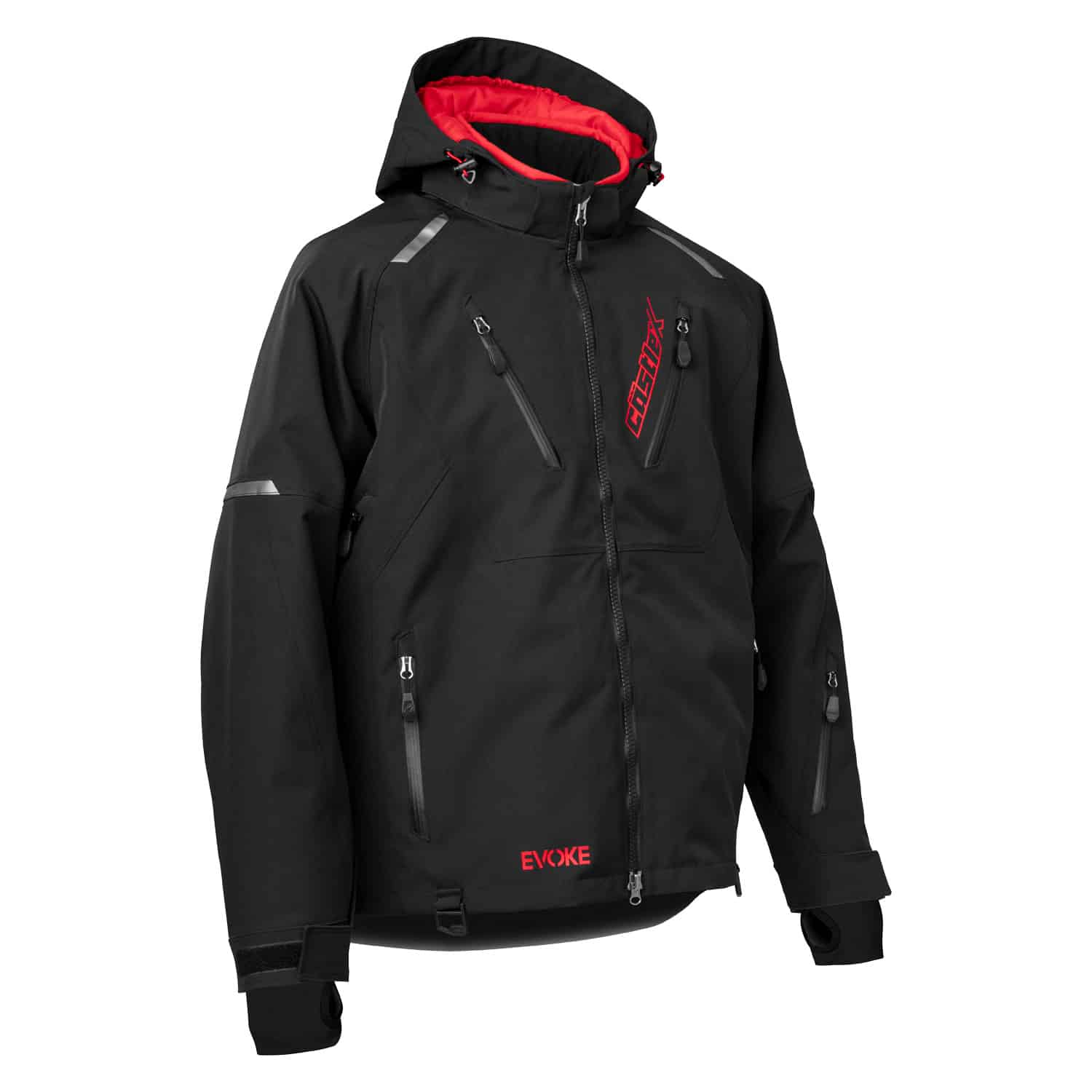 Men’s Evoke Jacket: black hooded jacket with red lining, multiple zippered pockets, and “Evoke” and “Ski-Doo” text in red on the front, featuring reflective strips on the shoulders and zippers.