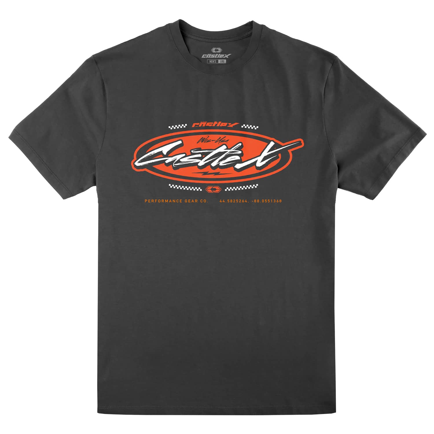 Men’s Crown T-Shirt in dark gray, showcasing a large, stylized “Shelby” logo in white and orange on the front, complemented by additional racing-inspired motifs and text in orange and white.