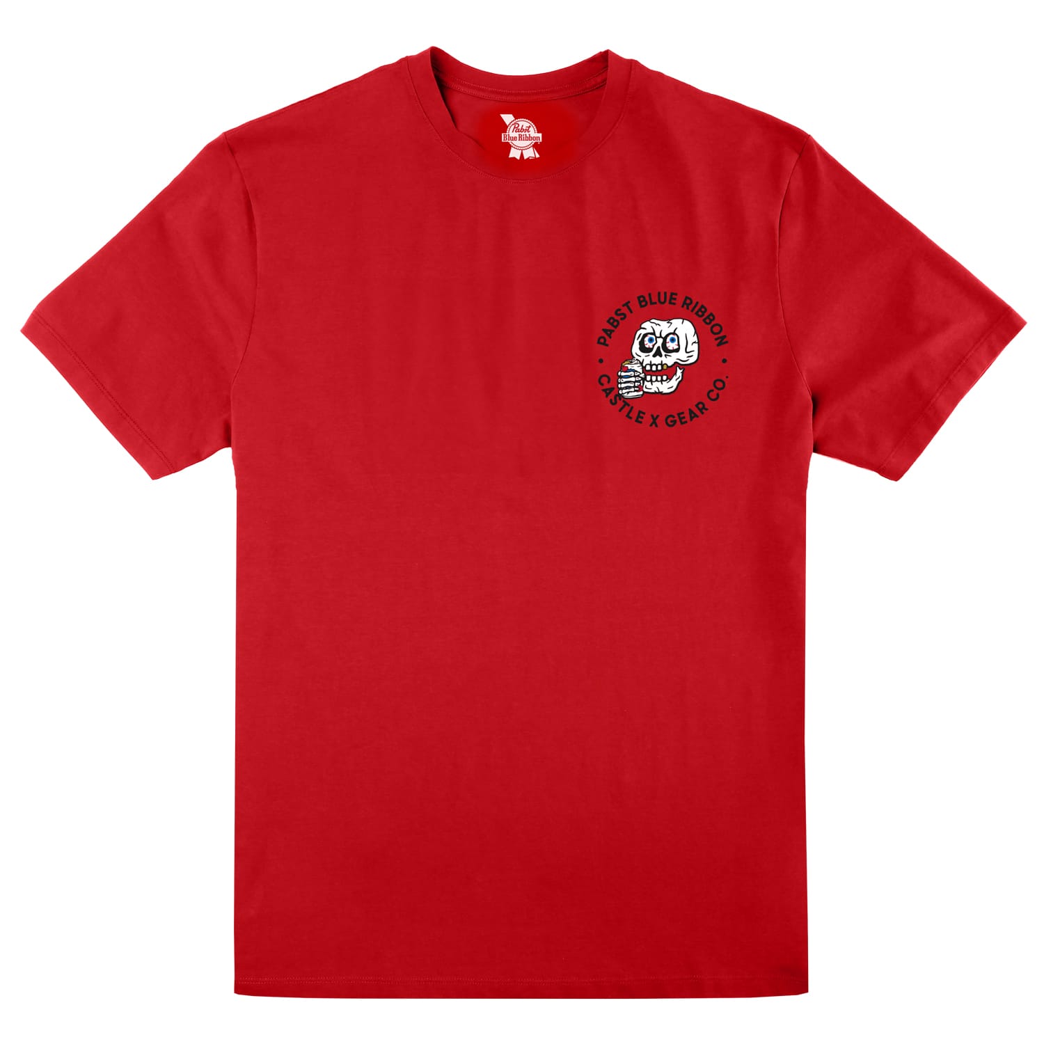 A red short-sleeve t-shirt with a small black and white graphic and text on the left chest that says “Pabst Blue Ribbon, Civil X Gear Co.”.