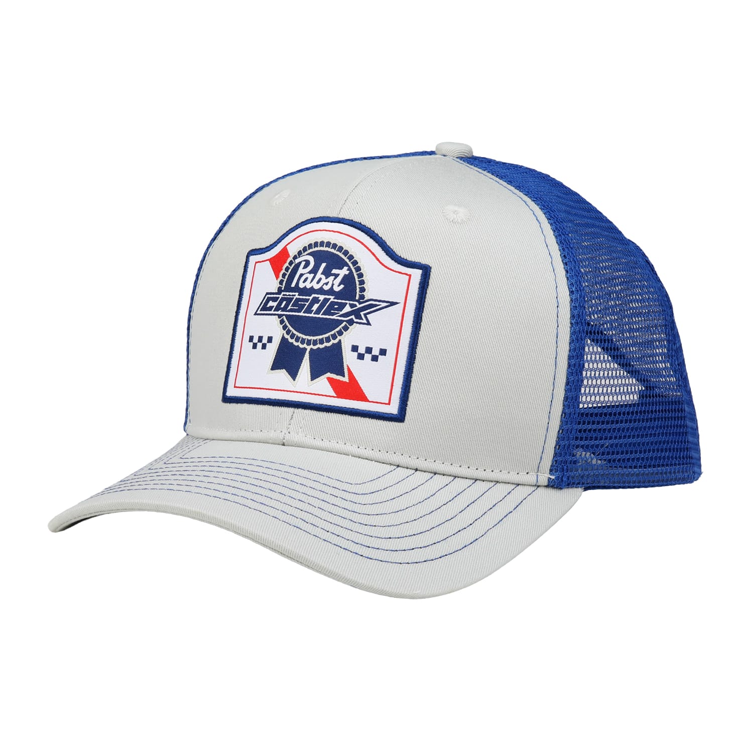 Gray and blue trucker hat with mesh back and a “Pabst Clash” patch featuring red, blue, and black design elements on the front.
