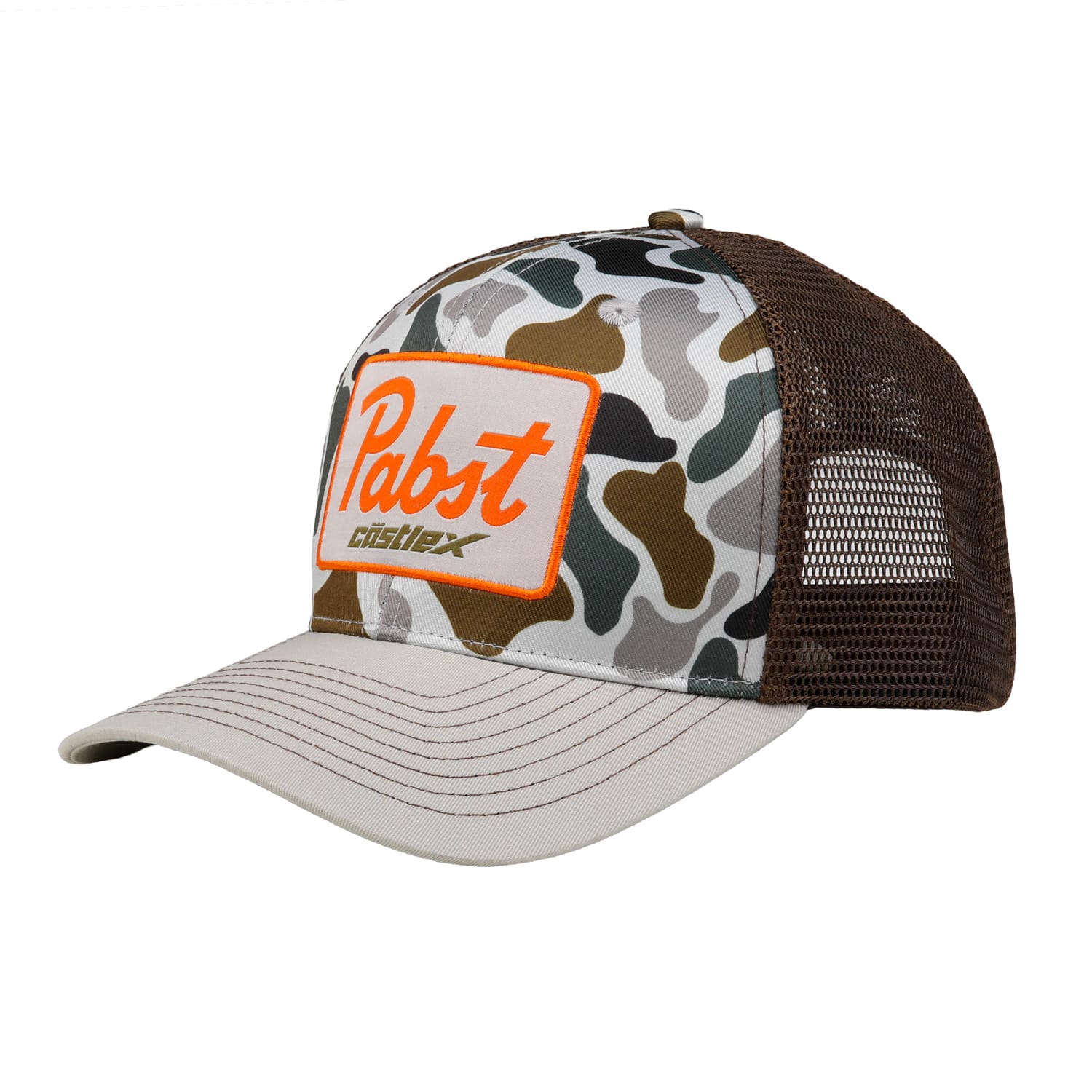 A camo-print mesh trucker hat with a beige brim and an orange patch that reads “Pabst” and “Castles” on the front.