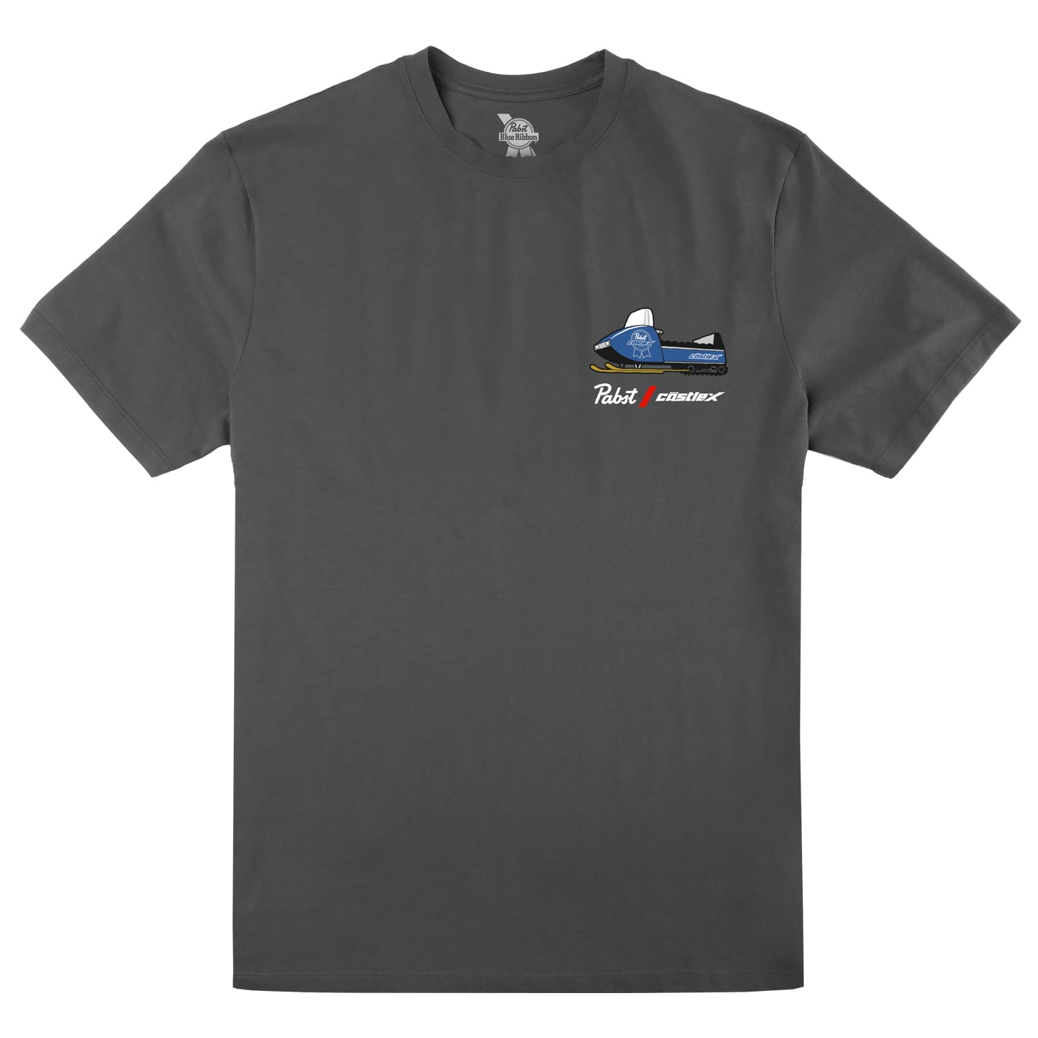 Dark gray t-shirt with a small graphic of a blue snowmobile on the upper left chest. Below the snowmobile are white and red logos for Pabst and Gibsons. The rest of the shirt is plain.