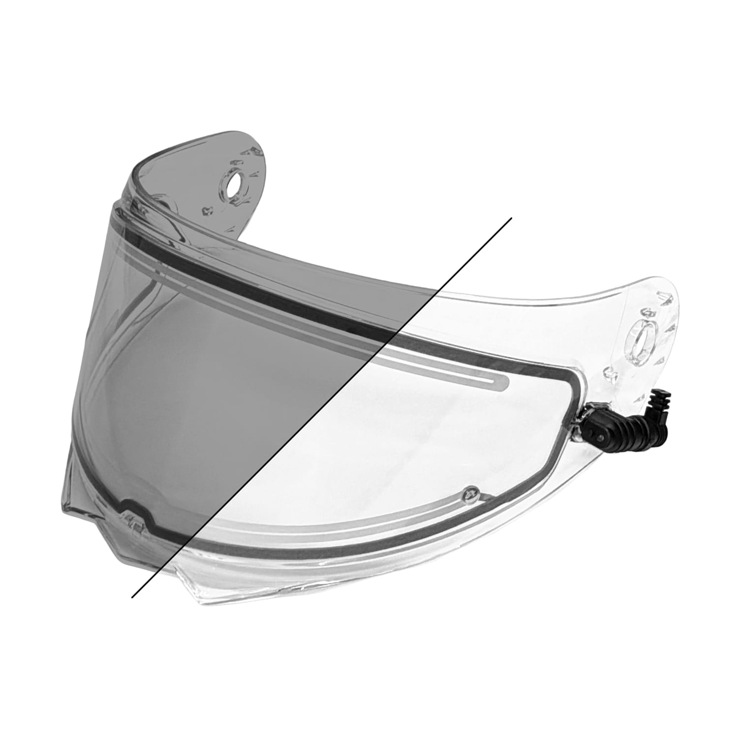 A CX935 Electric Photochromic Clear Double-Lens Shield is shown divided diagonally: one half tinted and the other half clear, illustrating the difference in visibility between the two visor states.