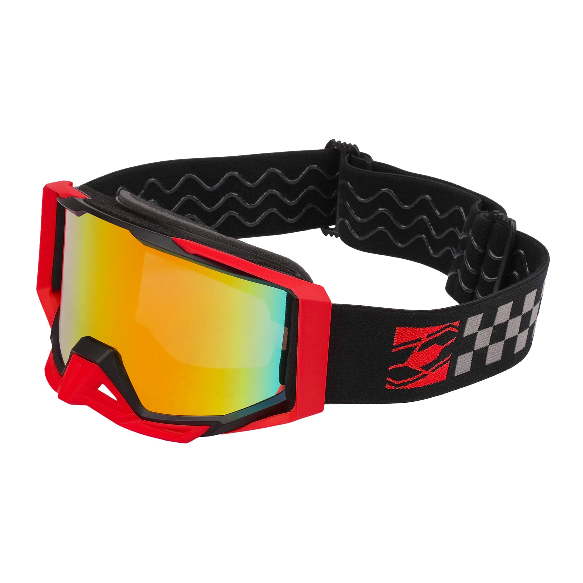 Echo Youth Snow Goggles in red and black feature a mirrored lens, an adjustable strap, and a checkered flag design on the strap.