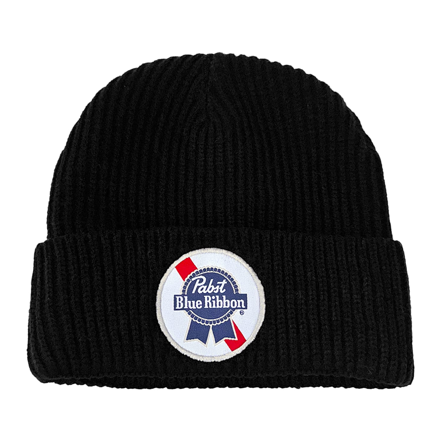 A black ribbed knit beanie with a circular patch on the front featuring the Pabst Blue Ribbon beer logo in red, white, and blue.