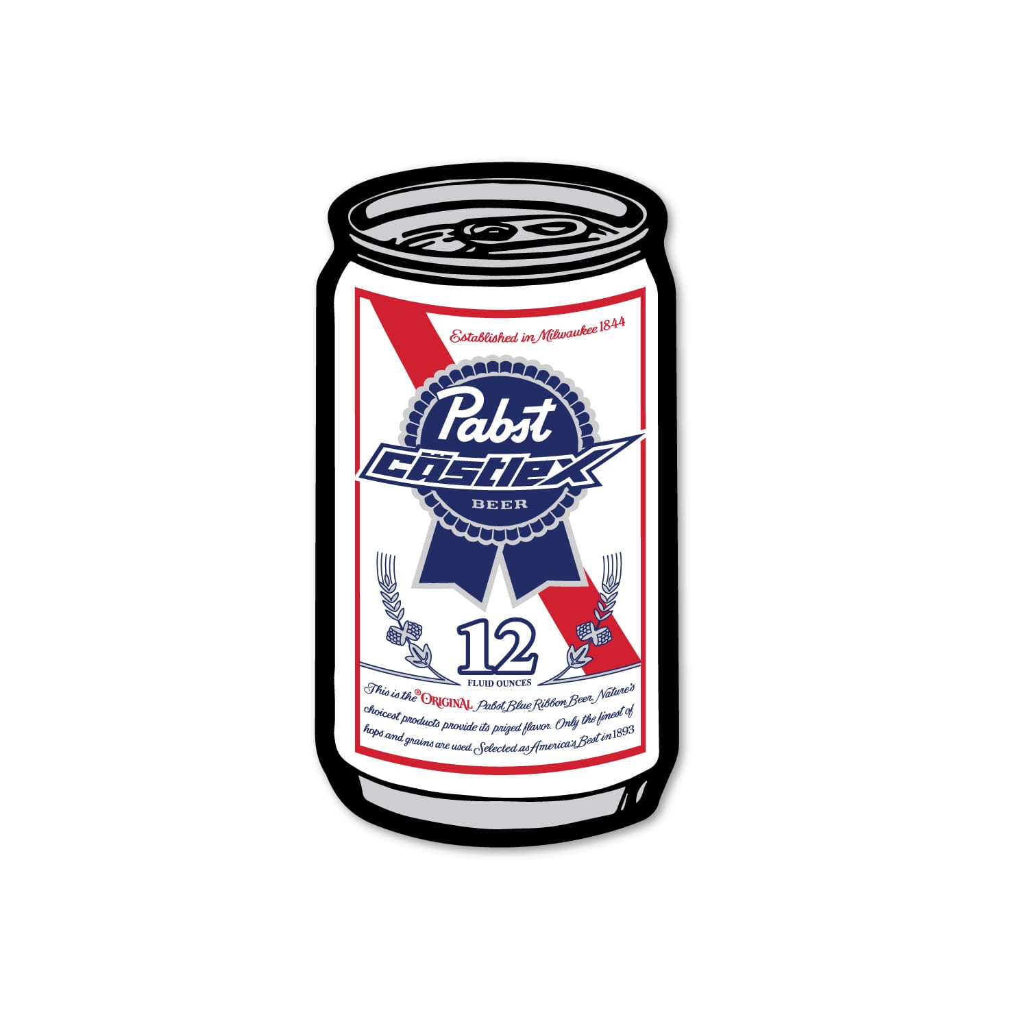Illustration of a Castle X Pabst Blue Ribbon 12 Ounce Can Decal, featuring blue, red, and white colors, the number 12, and stylized text. The decal is displayed against a plain white background.