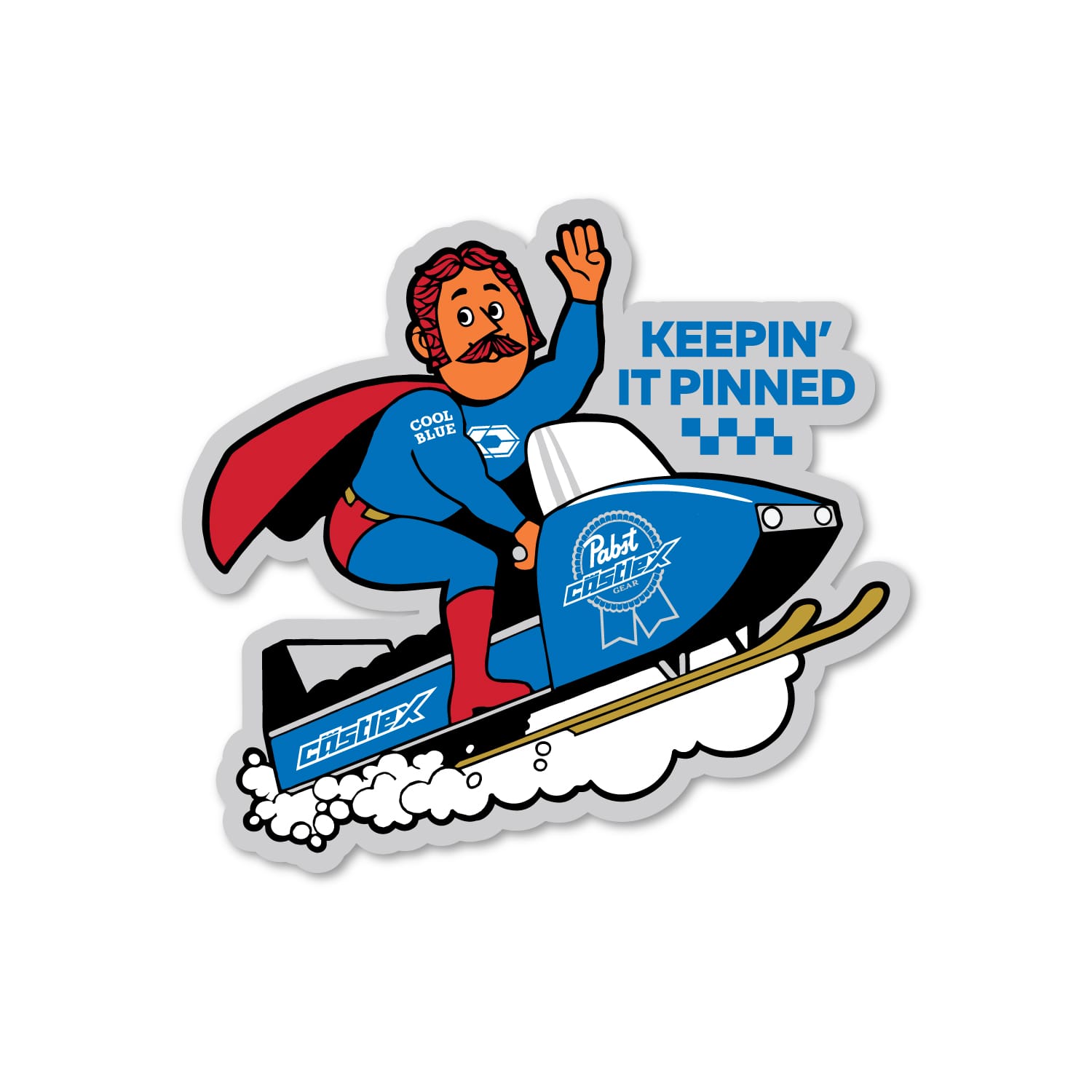 A mustachioed cartoon superhero, sporting a cape and waving, rides a blue snowmobile emblazoned with “Pabst Blue Ribbon” on this Castle X Pabst Blue Ribbon 12 Ounce Can Decal. The text “KEEPIN’ IT PINNED.” appears above as snow flies from behind the sled.