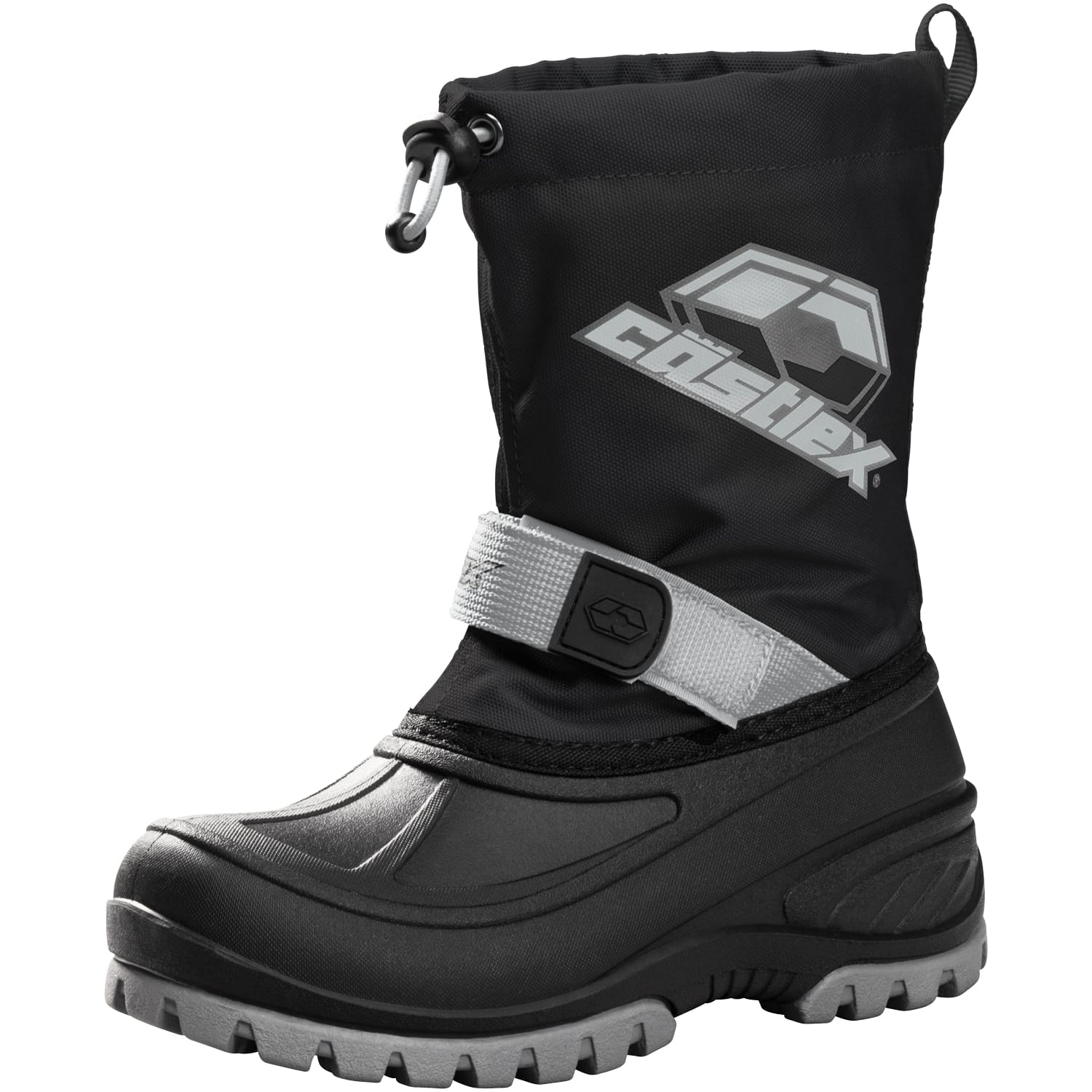 Introducing the Youth Element Boot (Black/Charcoal)—a black winter boot with a thick rubber sole, gray strap, and a drawstring top. The boot is detailed with a soccer ball graphic and the word “GOSHEN” on the upper section.