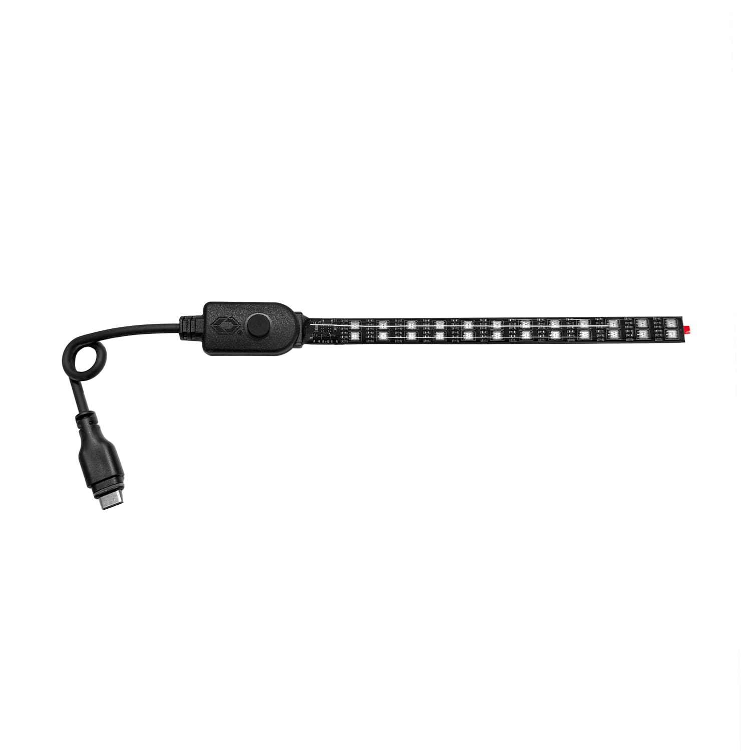 The Illuminator V2 LED Helmet Light Kit, shown in black with a built-in switch and USB-C connector, is displayed on a white background.