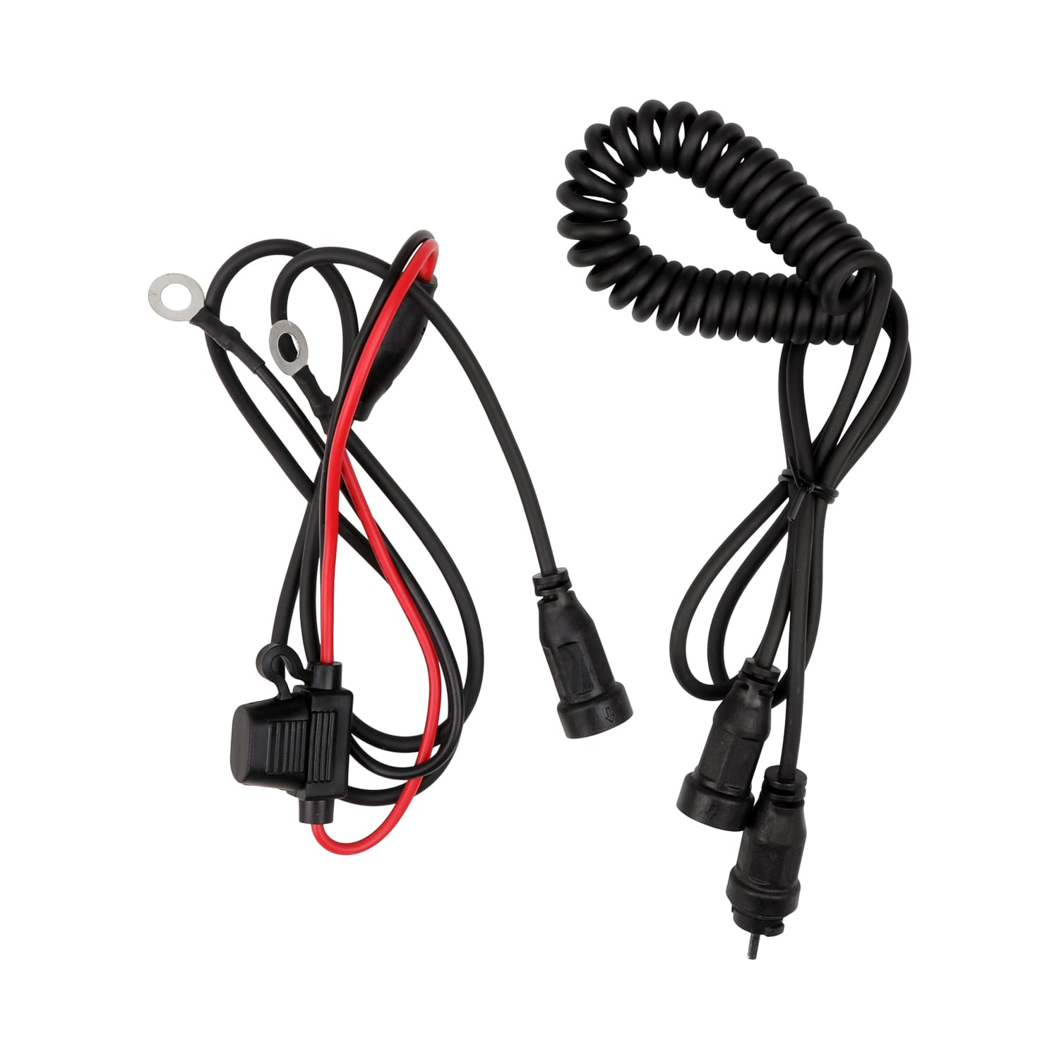 Two black and red electrical cables with connectors and ring terminals—one coiled, one straight—designed for use with the Illuminator V2 LED Helmet Light Kit, suitable for connecting battery chargers or other automotive electronics.
