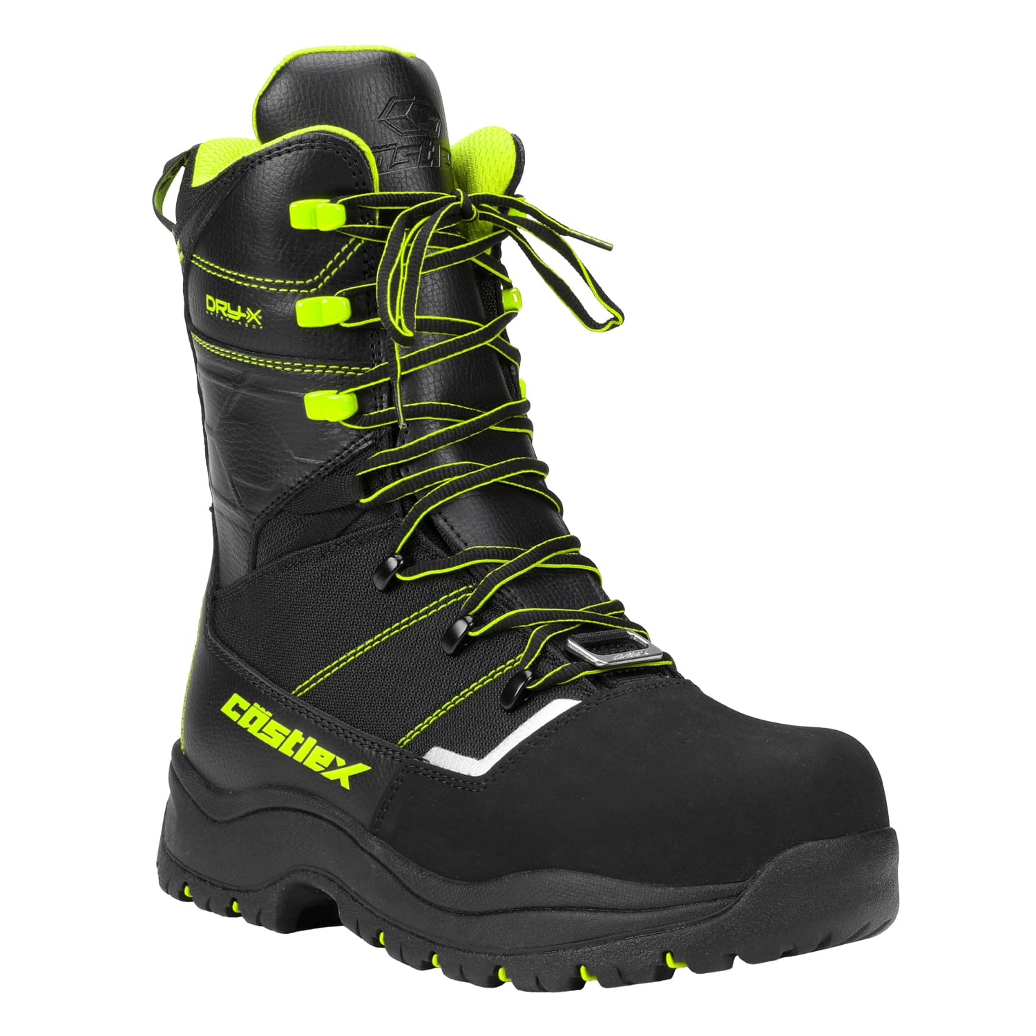 Men’s Rivet Boot in black and neon yellow offers high ankle support, a thick sole, and a reinforced toe. This boot features yellow laces, reflective accents, “Castelex” branding on the side, and is designed for durability and protection.