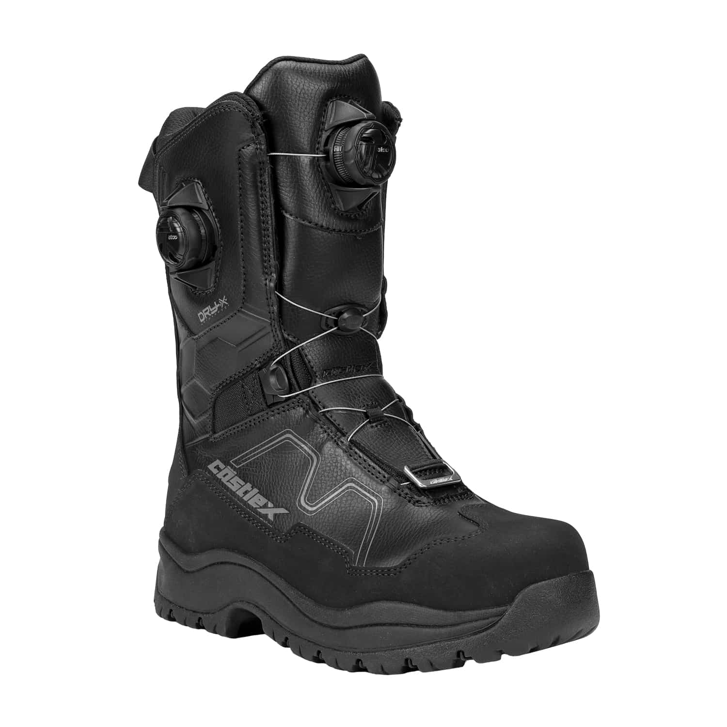 A single black Men’s Zone ATOP Boot featuring a rugged sole, high ankle, and a dial-based ATOP lacing system with steel wires. The boot is branded “CRISPI” and has reinforced toe and heel areas.