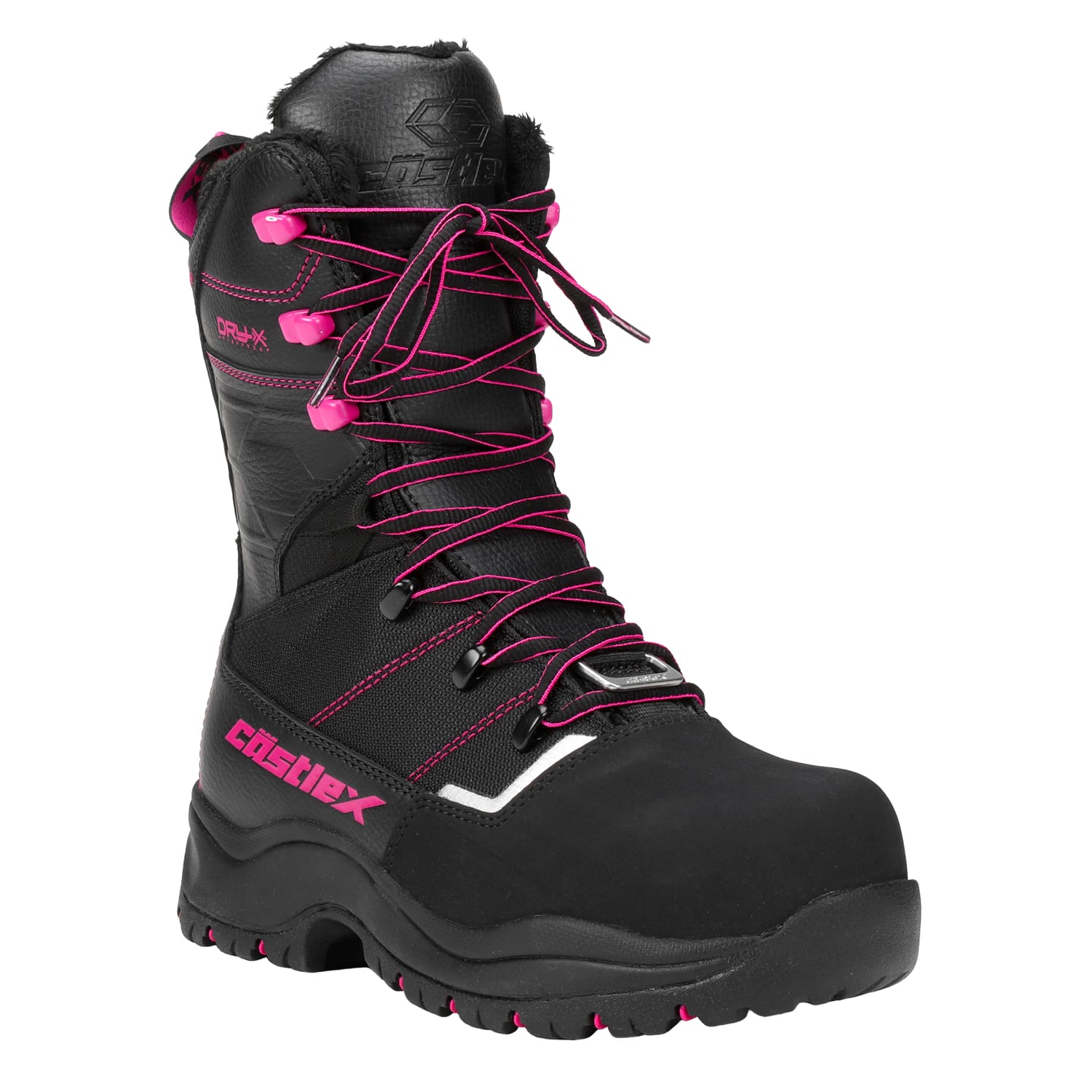 The Women’s Rivet Boot is a black winter boot with pink accents and laces, featuring a rugged sole and high ankle support, designed for outdoor use.