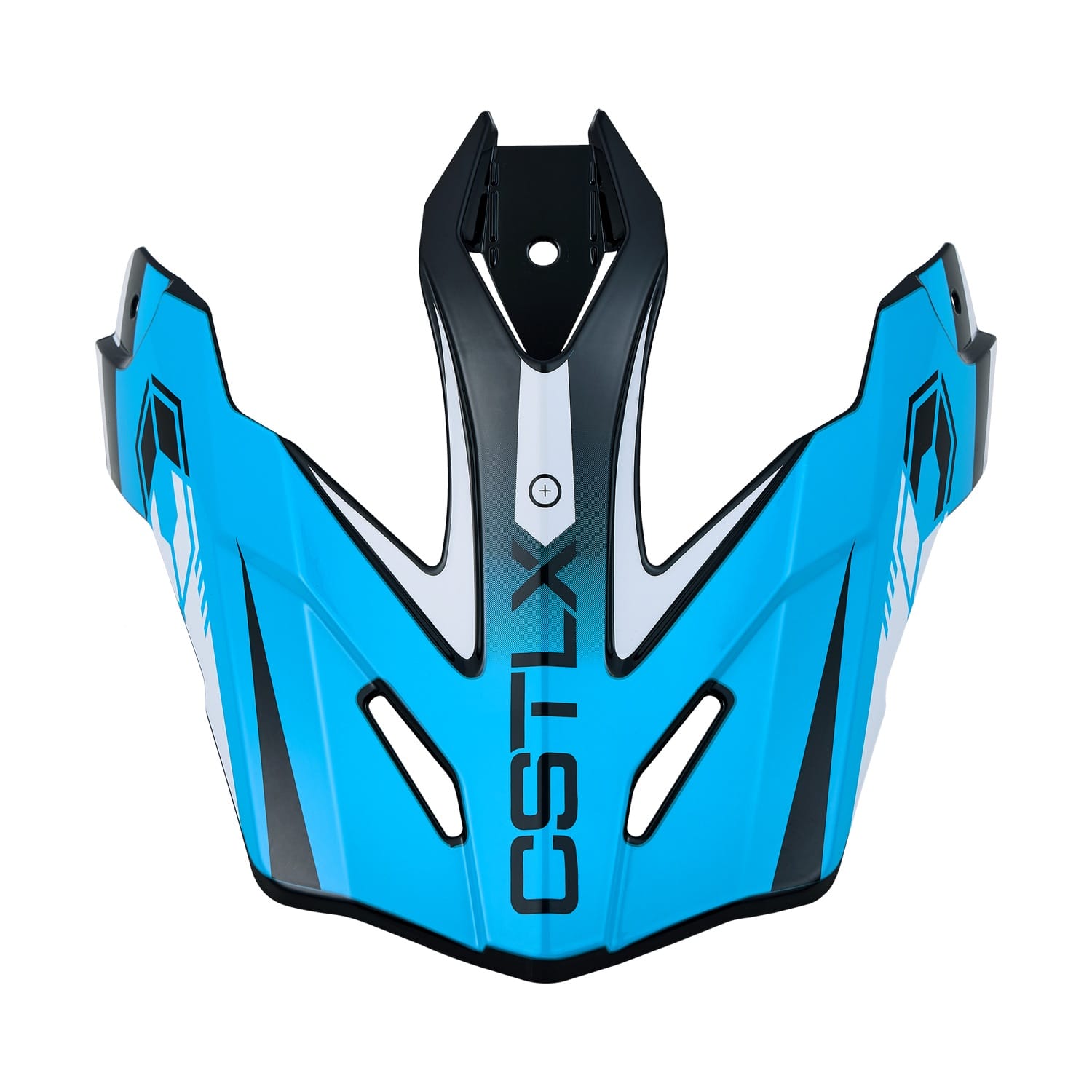 Blue and black bike helmet visor with the letters “CSTLX” printed vertically in black on the front. The design features angular shapes and white accents.